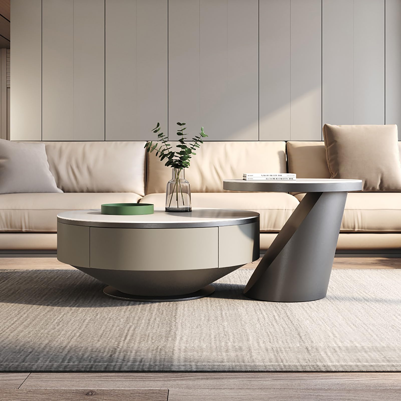 Center Table Metal Base End Table Set Round Storage Coffee Table Set of 2 with Hidden Storage Drawers