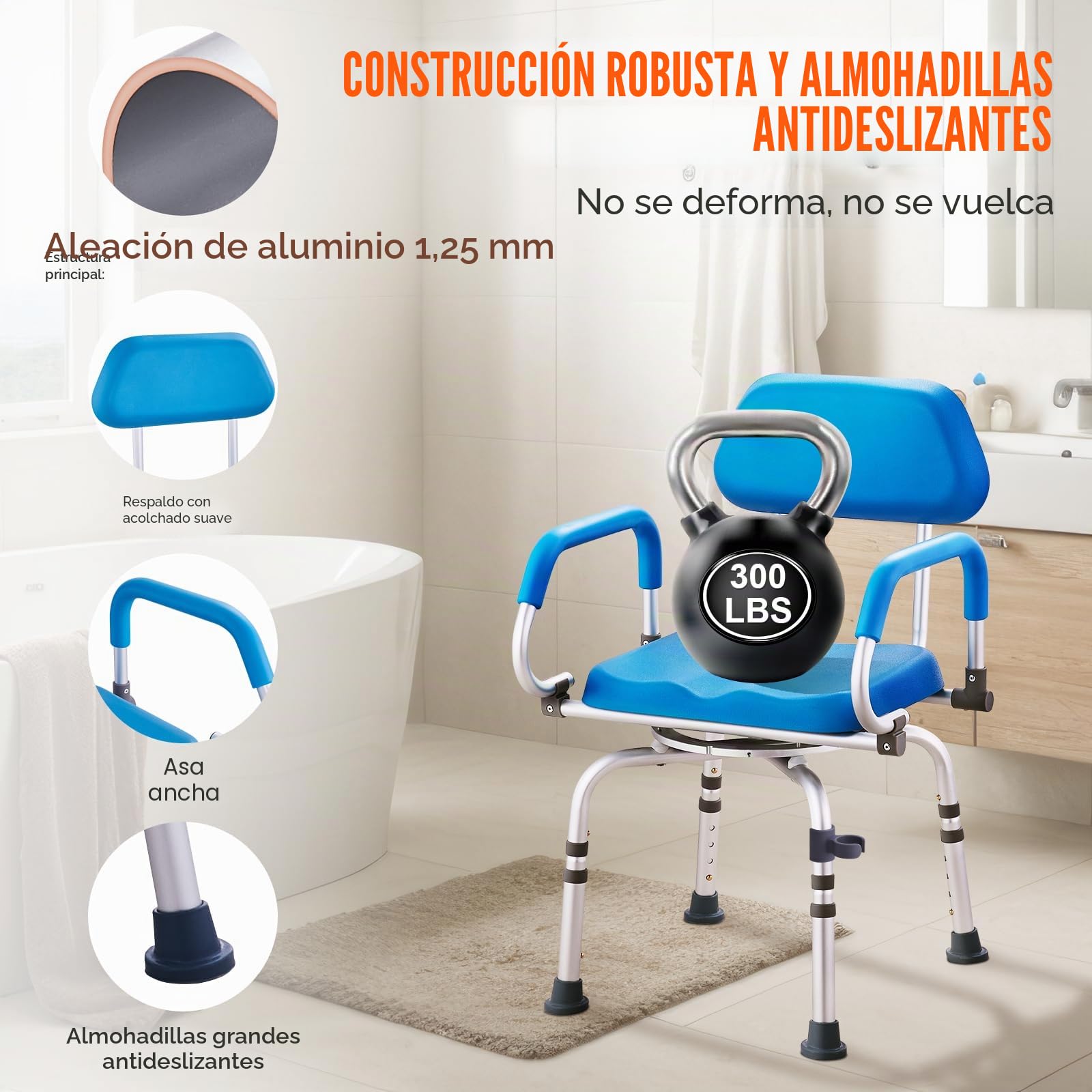 VEVOR Silla de Ducha Giratoria 360 ​​Grados con Brazos Pivotantes para Ducha o Bañera Interior, Silla Bañera Antideslizante para Personas Mayores Discapacitadas, Capacidad 135 kg, 530 x 520 x 850 mm
