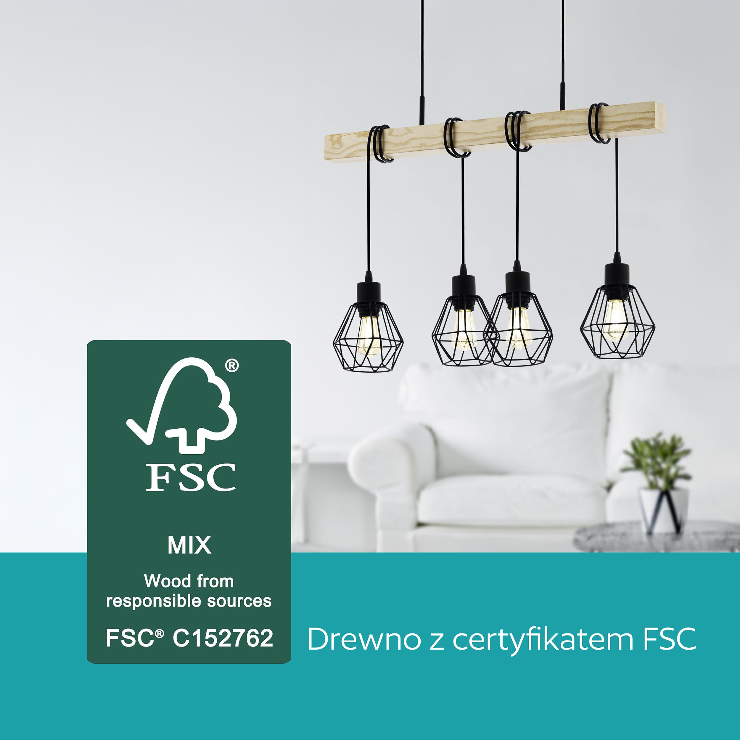 EGLO Lampa Wisząca Townshend 5 - 4-Światłowa Vintage w Stylu Industrialnym, Retro Wykonana ze Stali i Drewna, Czarna, Brązowa, Certyfikat FSC, E27