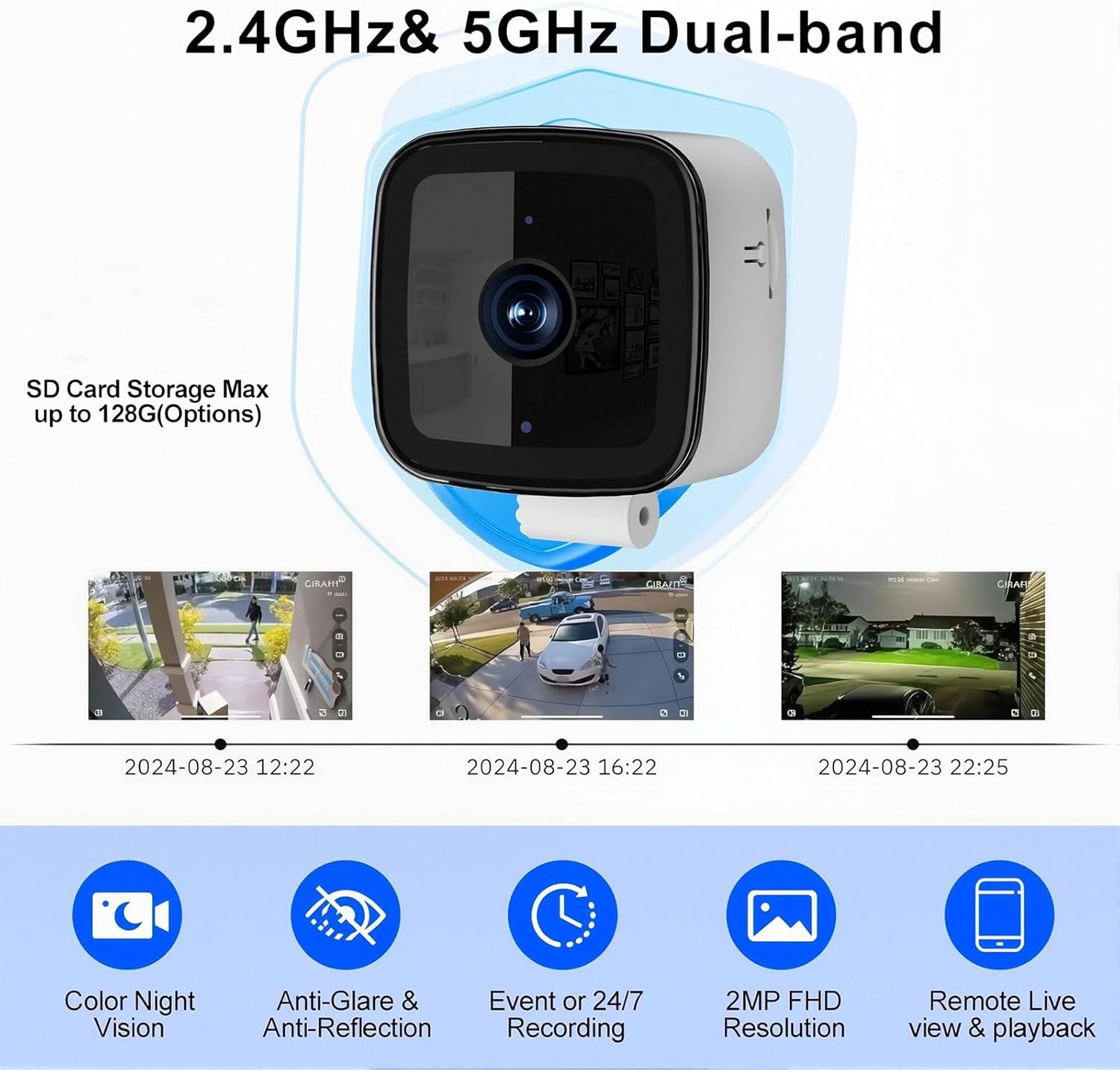 Camera features including 24/7 recording and storage options