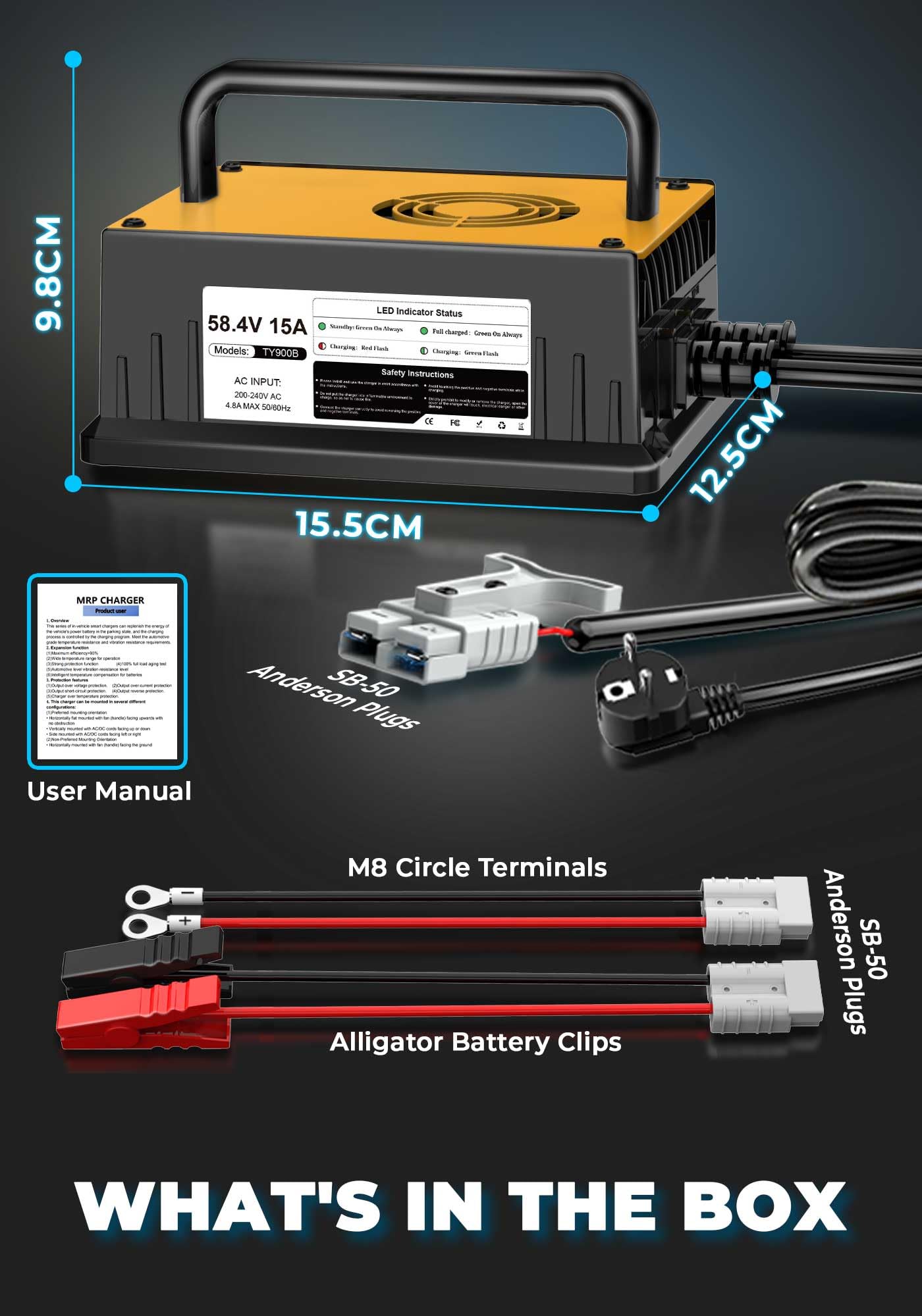 58,4V 15A Cargador de Batería Litio para 48V (51.2V) LiFePO4 Baterías, 48V Cargador de Batería Litio para Autocaravanas, Barcos, Vehículos Marinos y Sistemas Solar