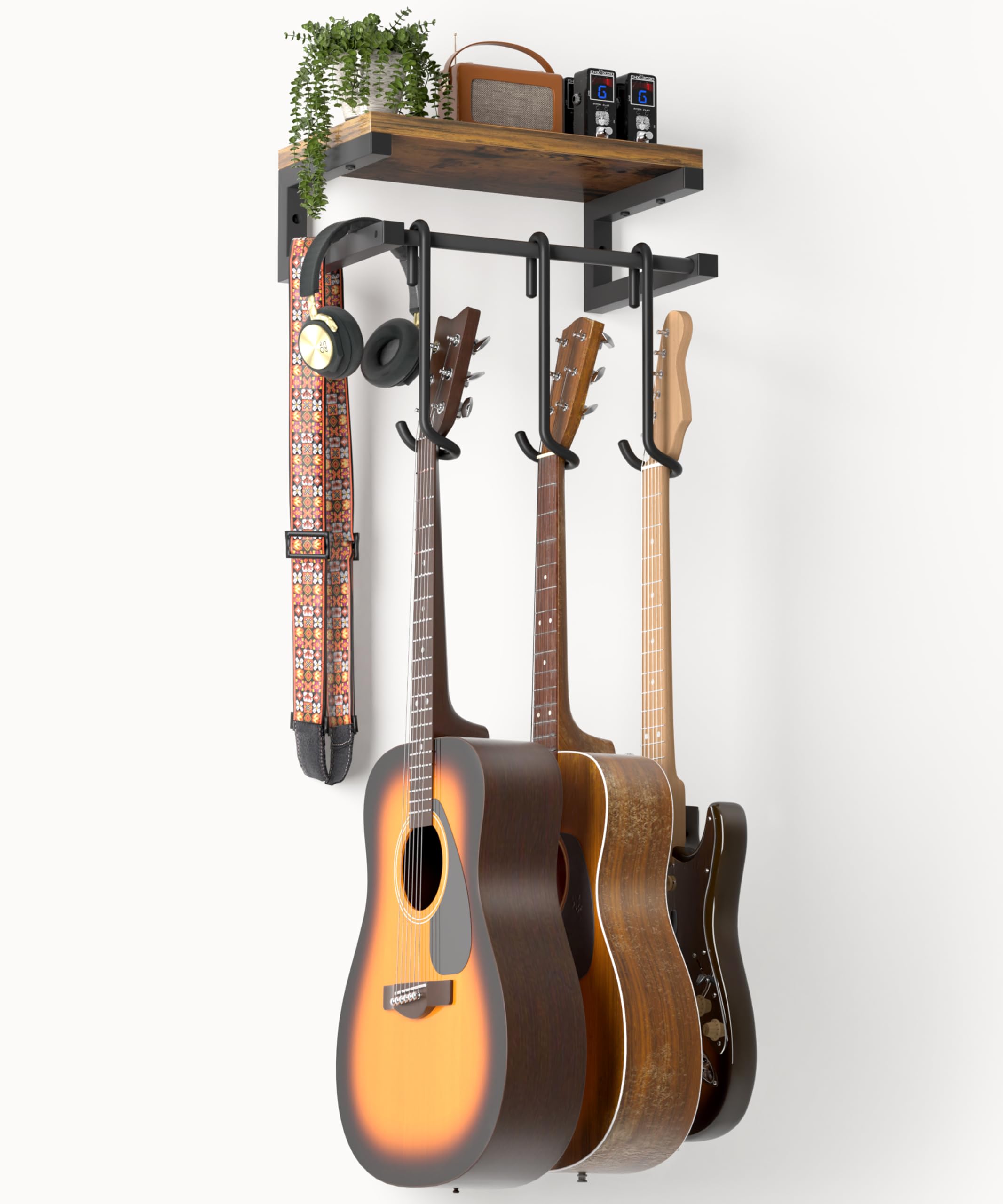 Uchwyt ścienny na gitarę VINCOURNA, 3 wieszaki ścienne na gitary z dużą półką, wielofunkcyjny uchwyt ścienny z haczykami do gitary elektrycznej, basowej, akustycznej, ukulele, skrzypiec, mandoliny