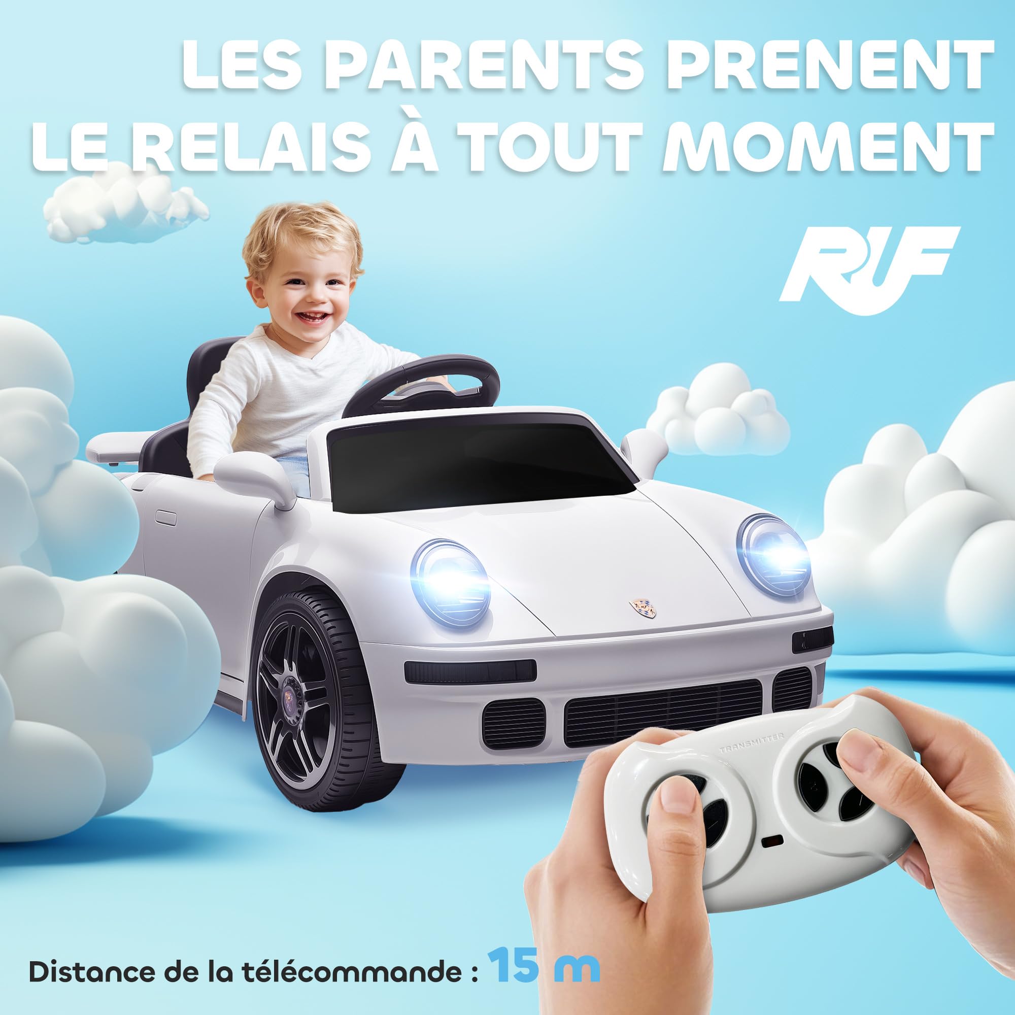 AIYAPLAY Voiture Électrique Enfants sous Licence RUF CTR 2017 12V Blanc | Véhicule Électrique, Télécommande 2,4G, Phares, Musique, Klaxon, Démarrage Lent, pour 3 à 6 Ans