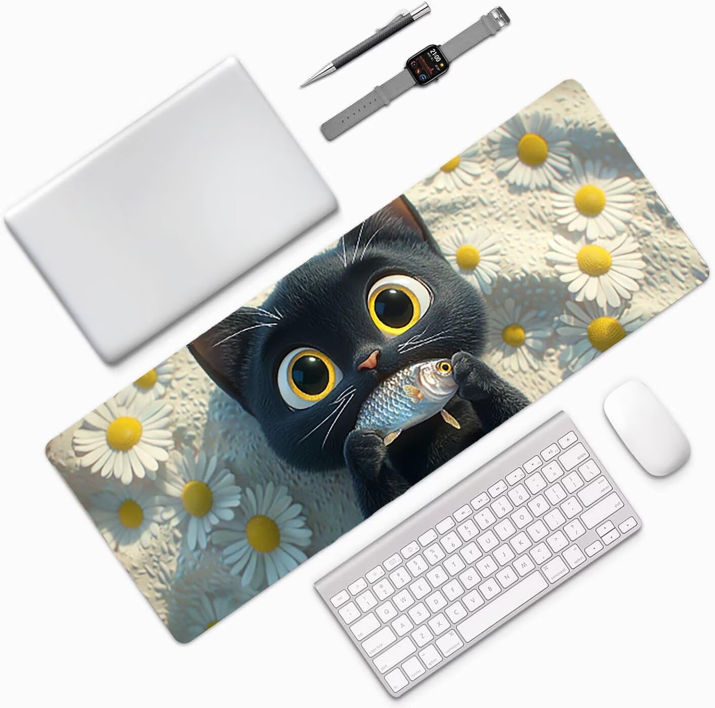 Lpfieonn Katze Großes Schreibtischunterlage, XXL Schreibtischunterlagen, Weiß XXL Wasserdicht Gaming Mousepad mit Vernähter Rand und Rutschfeste Gummibasis, für Laptop/Hause/Büro 120x60cm PF-3529