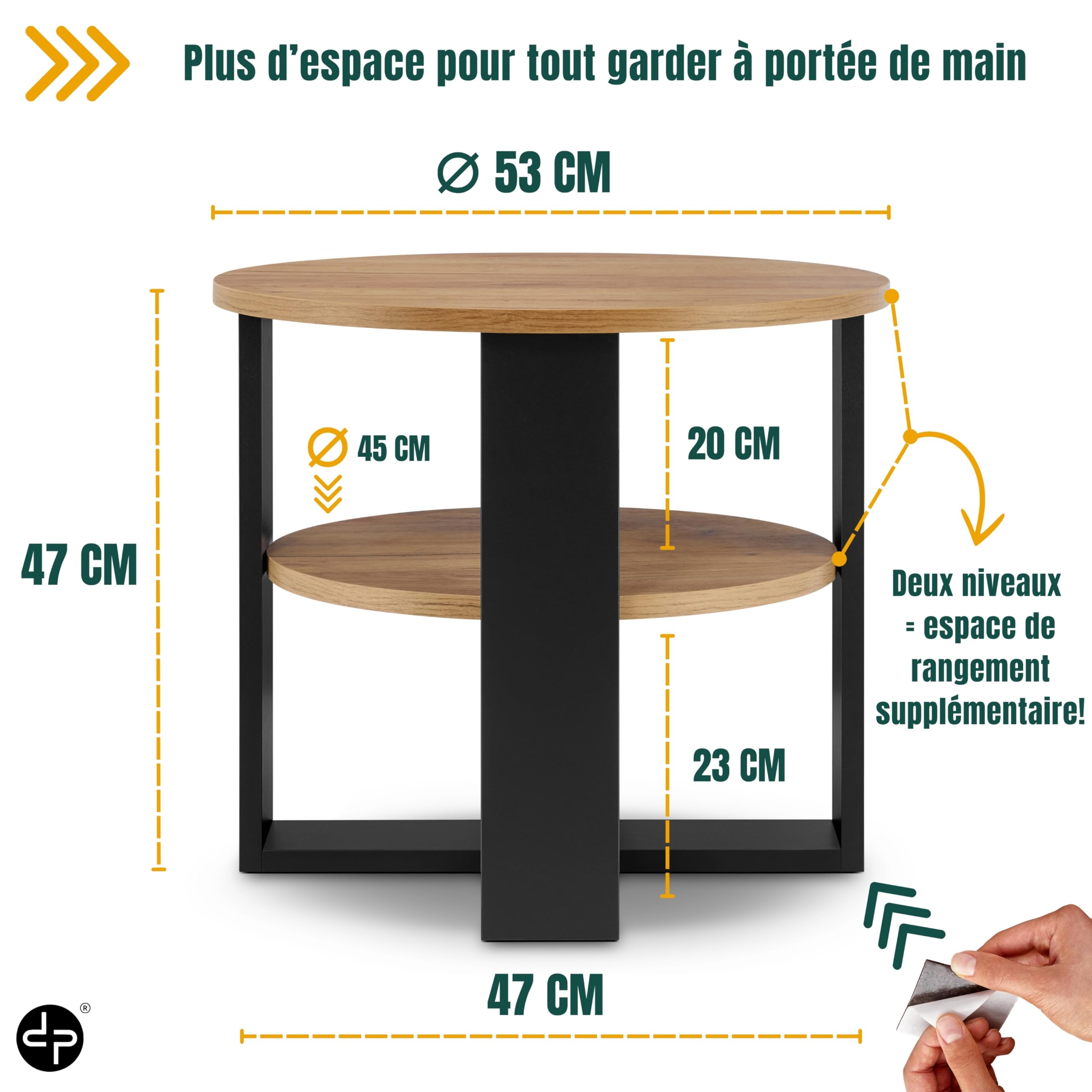 defiPad Table Basse Ronde Ø53 cm – Table d’appoint Bout de canapé avec étagère, 2 Niveaux, Meuble de Salon Moderne, Noir et chêne, Design Industriel, fabriquée en UE