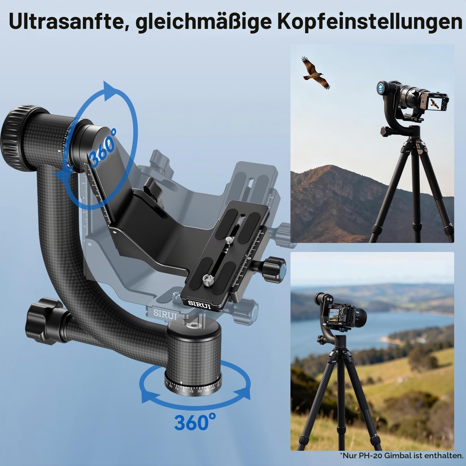 SIRUI PH-20 Gimbal Stativkopf Kohlefaser, Gimbal Head Professional Heavy Duty 360°Panorama mit 20 KG Tragkraft, mit 1/4 Zoll Arca-Swiss Schnellwechselplatte für Kamera