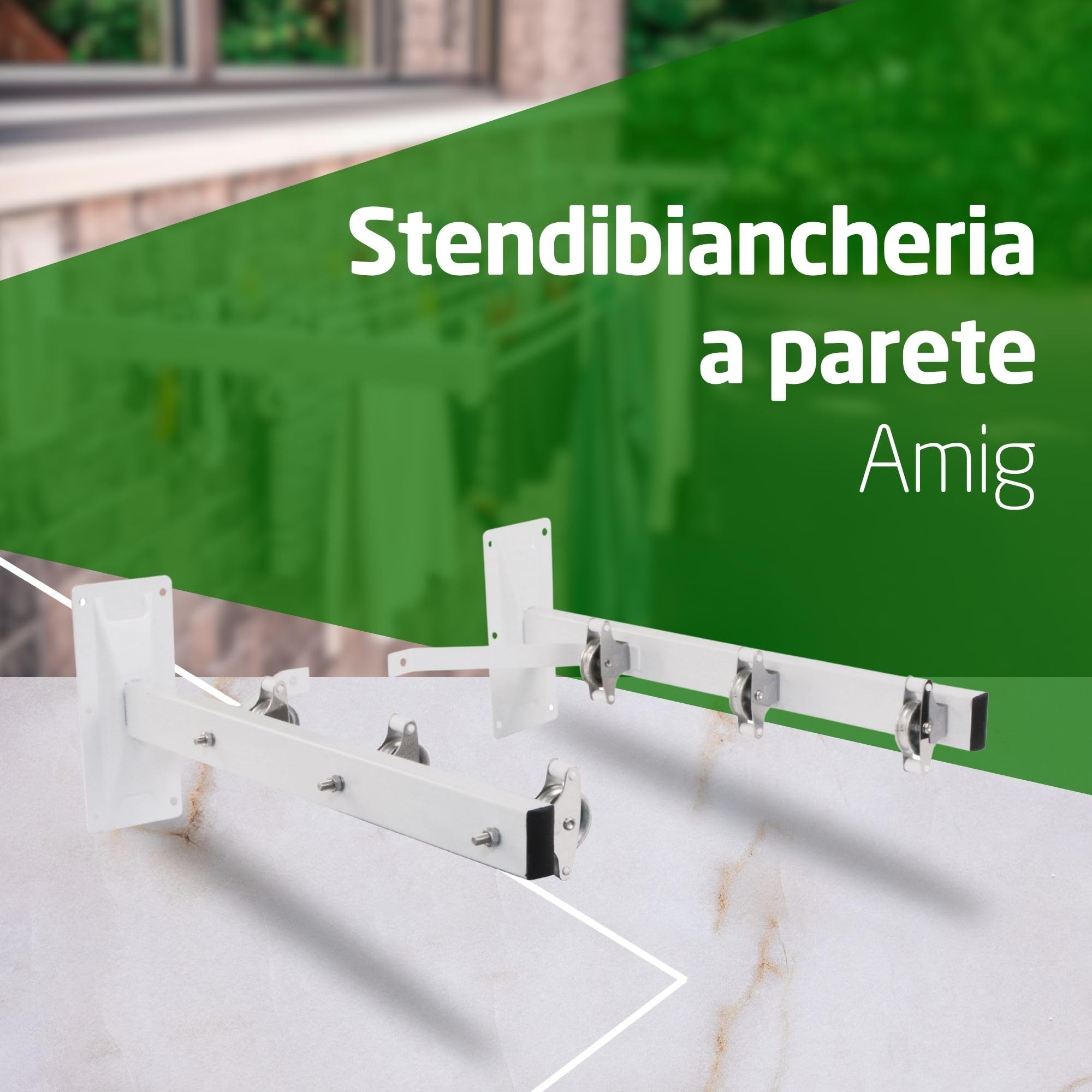Amig - Stendibiancheria laterale da parete Mod. 3 - Stendino a 2 bracci con 6 carrucole in acciaio inox - Per 3 corde - Acciaio con verniciatura epossidica - Uso esterno - 450 mm - Bianco