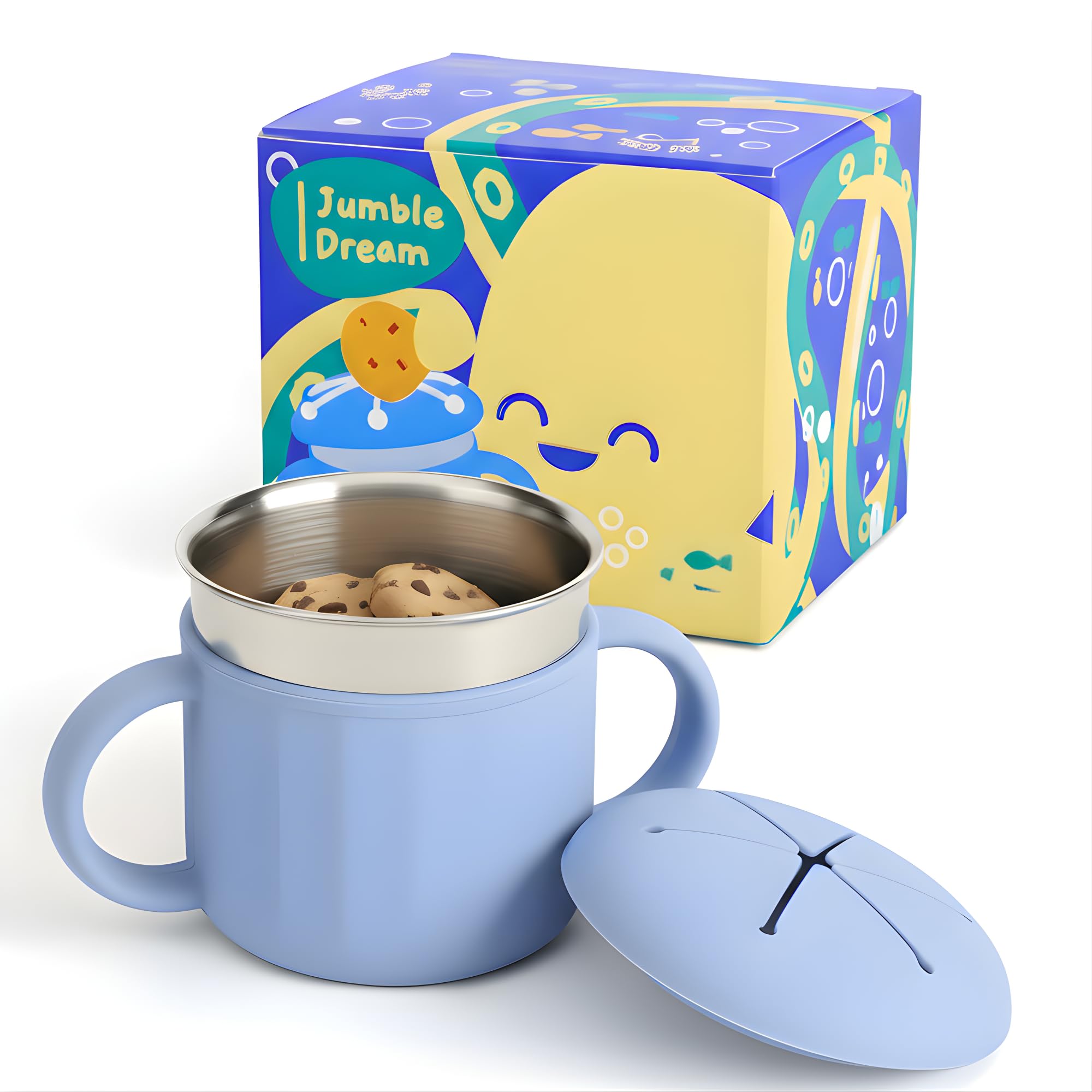 Jumble Dream Stainless Steel Baby Snack Cup for Toddlers Kids โ Spill-Proof Silicone Snack Container โ BPA-Free Non-Toxic Dishwasher Safe Food-Grade Stainless Steel for Baby Snacks 6m+ to 3+ Years