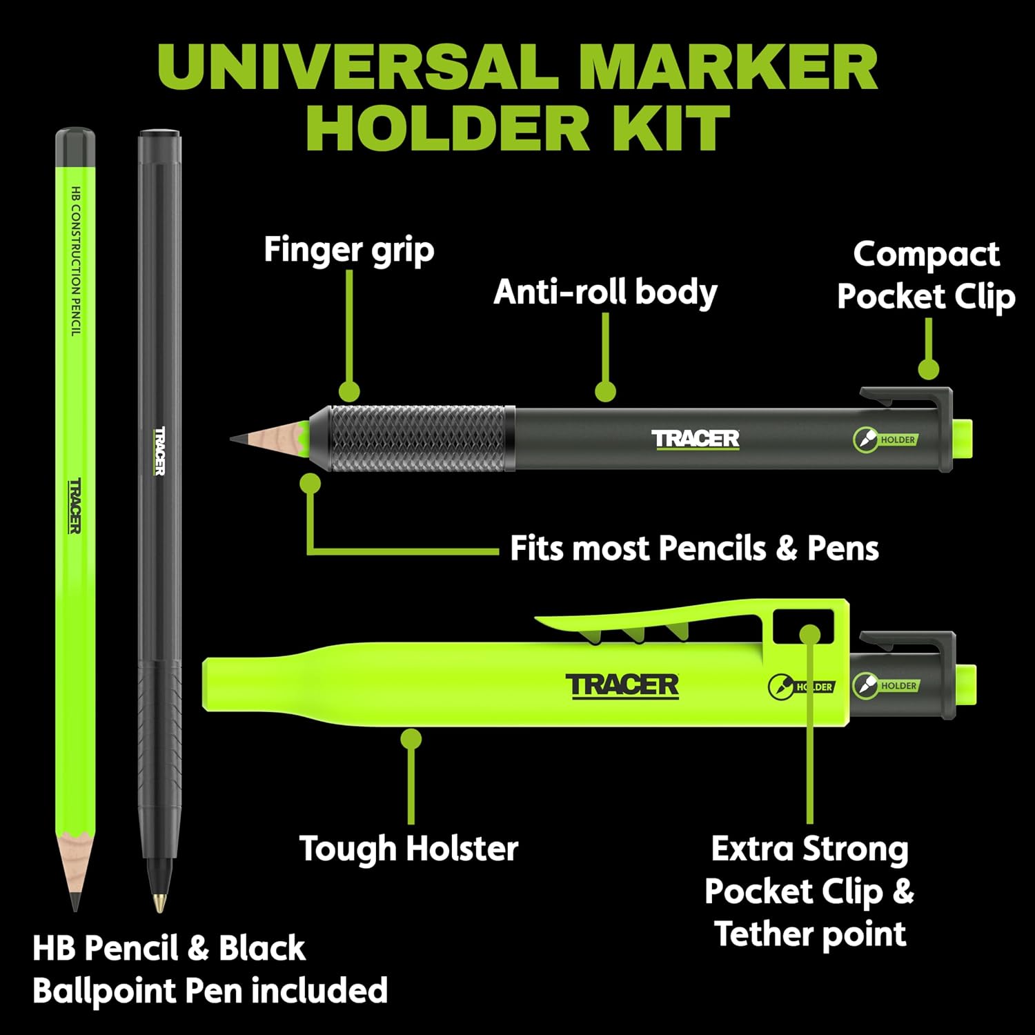 Tracer Carpenter Pencil, Ballpoint Pen & Metal Universal Holder w/Holster