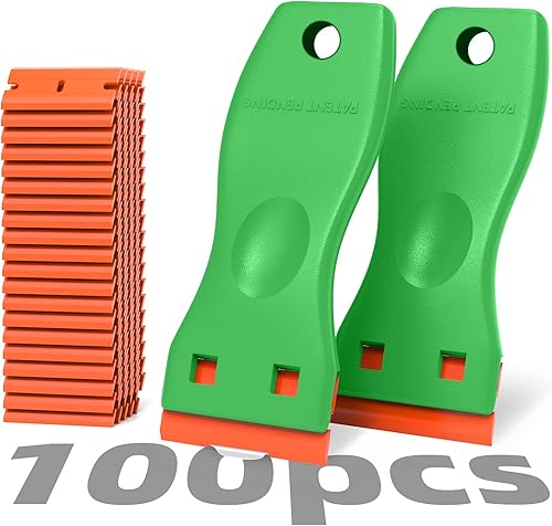 Herramienta raspadora de cuchillas de afeitar de plástico, paquete de 2 removedores de pintura de pared con 100 cuchillas, kit de cuchillas