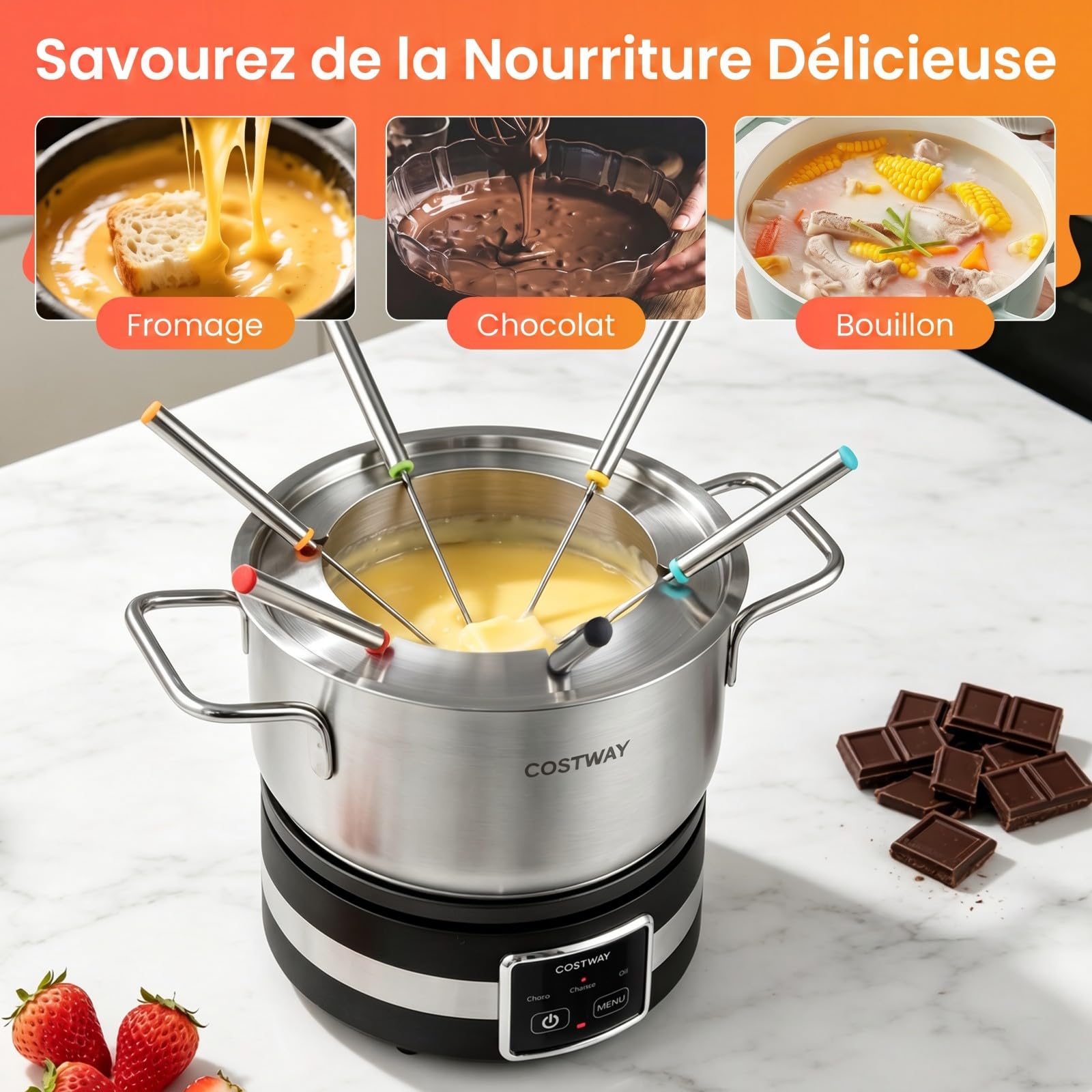 COSTWAY Appareil à Fondue Électrique 2,3L, 1200W, Service à Fondue en Acier Inoxydable, 6 Fourchettes Incluses, Thermostat Réglable, Compatible Lave-Vaisselle, pour Chocolat, Fromage
