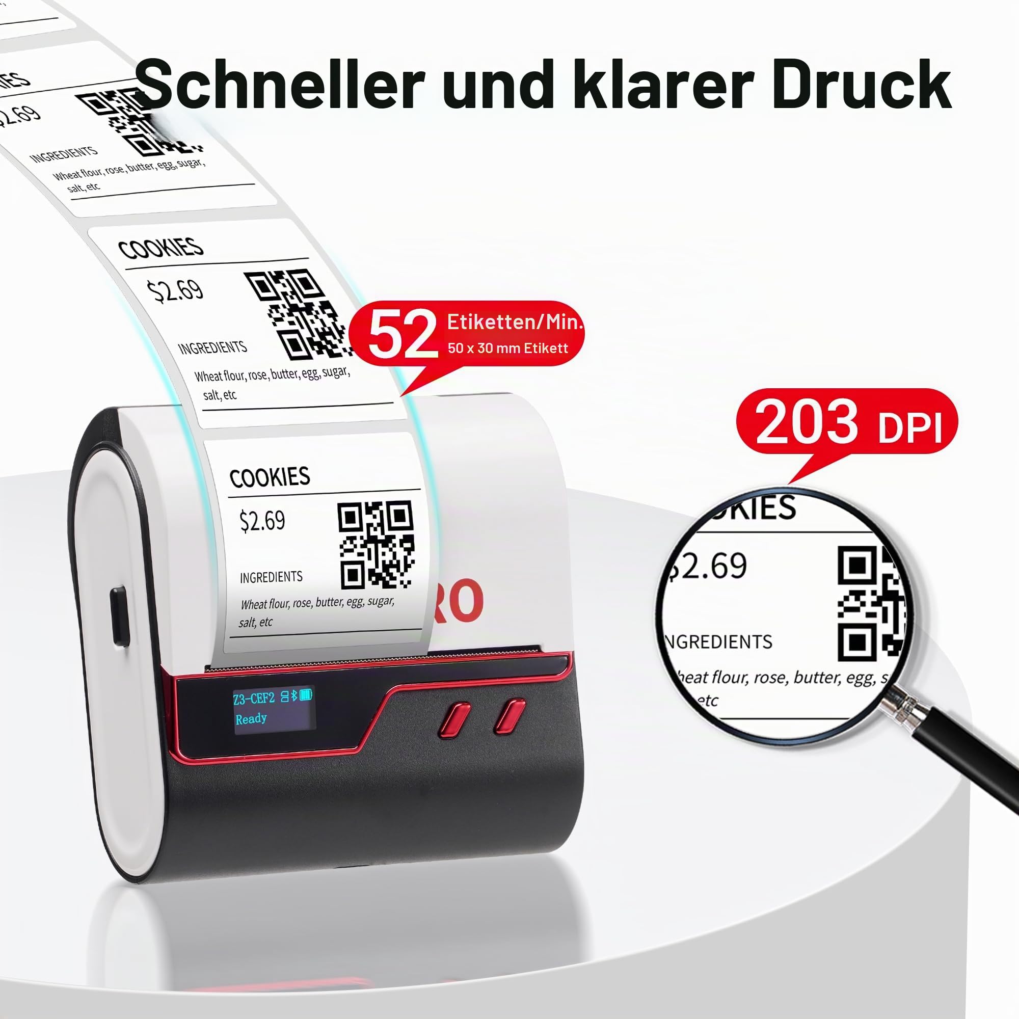 ORGBRO Etikettiergerät, Z3 Bluetooth Thermodrucker 2-3 Zoll Druckbreite Beschriftungsgerät Selbstklebend für Kleidung, Schmuck, Supermarkt, Kleinunternehmen mit 1 Rolle weiße 50x30mm Etiketten, Rot