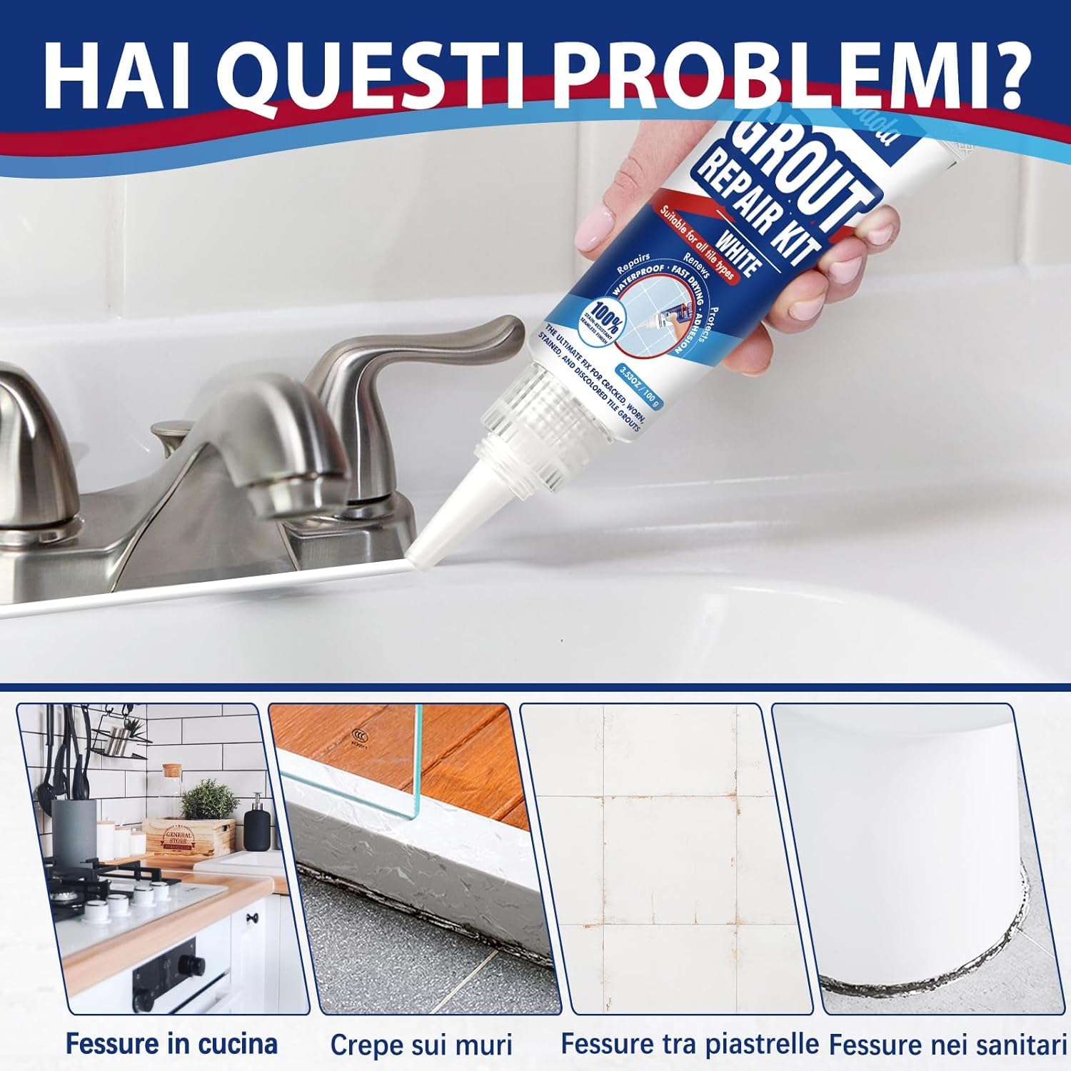 Riparazione Fughe Piastrelle Bianco, 2 Pack Kit Riparazione Piastrelle, Stucco per Piastrelle per Bagno e Doccia, Pavimenti e Pareti Cucina, Ripristina e Rinnova Giunzioni, Asciugatura Rapida