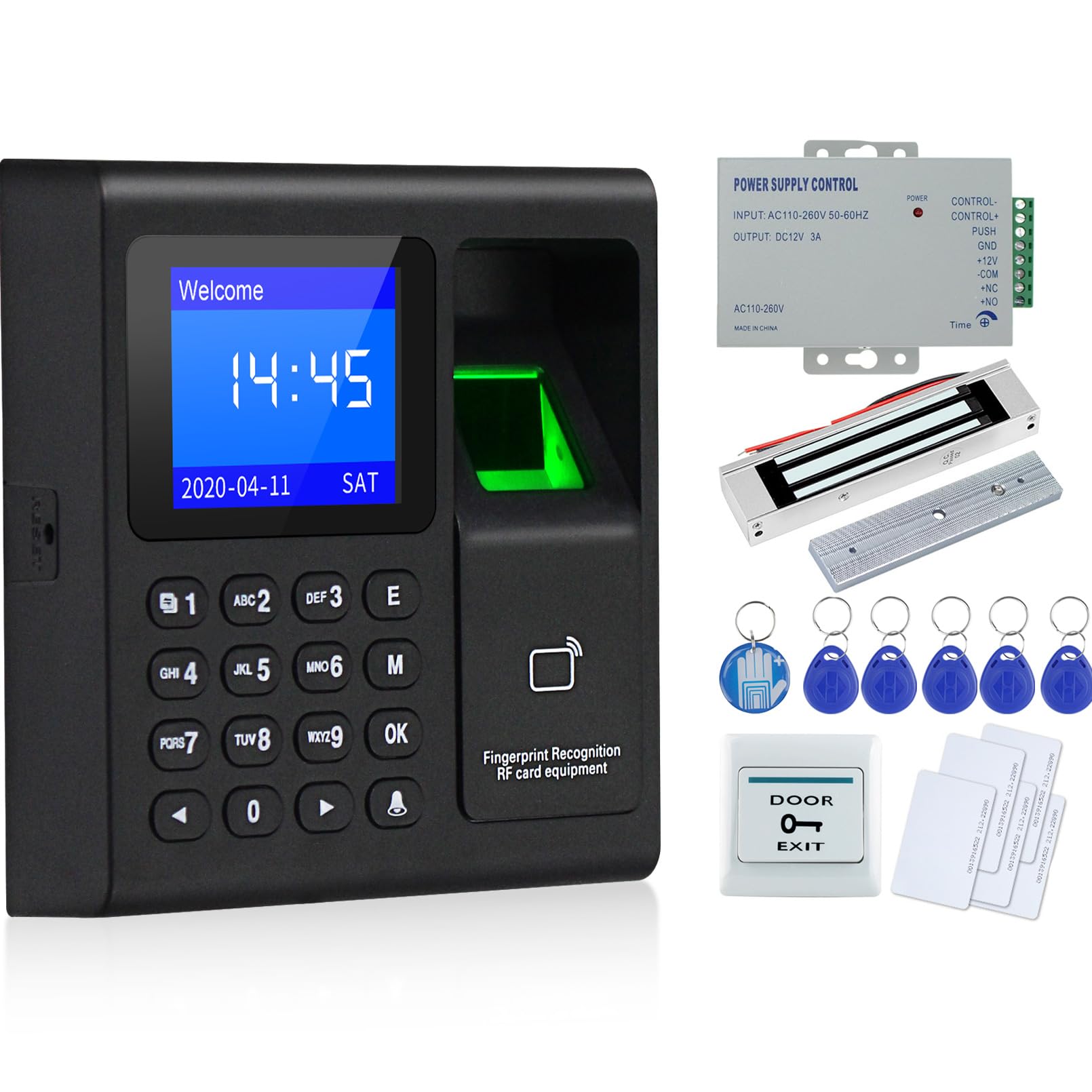 Full RFID Door Lock Access Control Fingerprint Keypad +180KG Electric Magnetic Lock+Power Aupply+Exit Button +Door Bell+5 Cards+ 5 keyfobs + Epoxy Tag