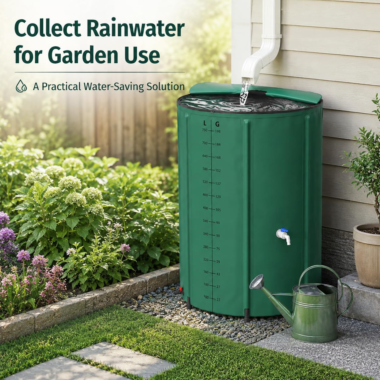 Faltbare Regentonne 200-500 Liter, Regentonne Faltbar Mit Seitlicher Skala Und Überlaufschutz, Regenwassertonne Für Garten, Balkon, Terrasse, Camping Und Outdoor, Grün (Grün,200 Liter)