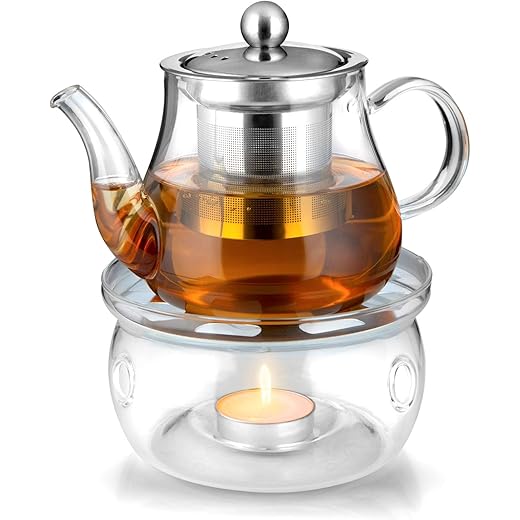 Octavius Borosilicate Glass Teapot/Kettle with Heat Resistant Removable Stainless Steel Infuser and Warmer | 2 Tea Light Candles - 450 ml