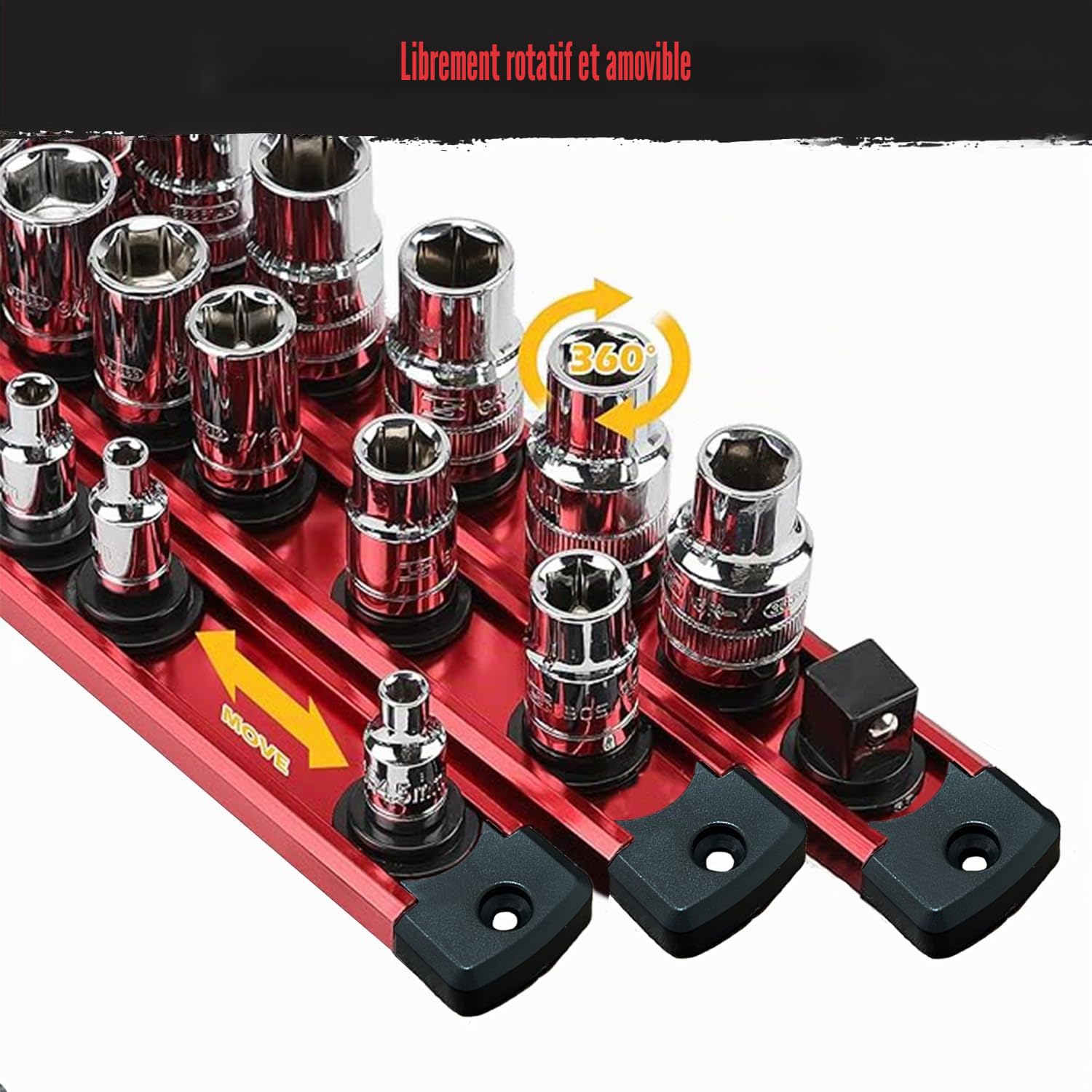 ACEBON Rail Porte-Douilles Magnétique 1/2" Lot de 3, Organisateur de Douilles en Aluminium Rouge avec 36 Clips Noirs, Support de Douilles pour Servante d’Atelier, Garage et Panneau Mural