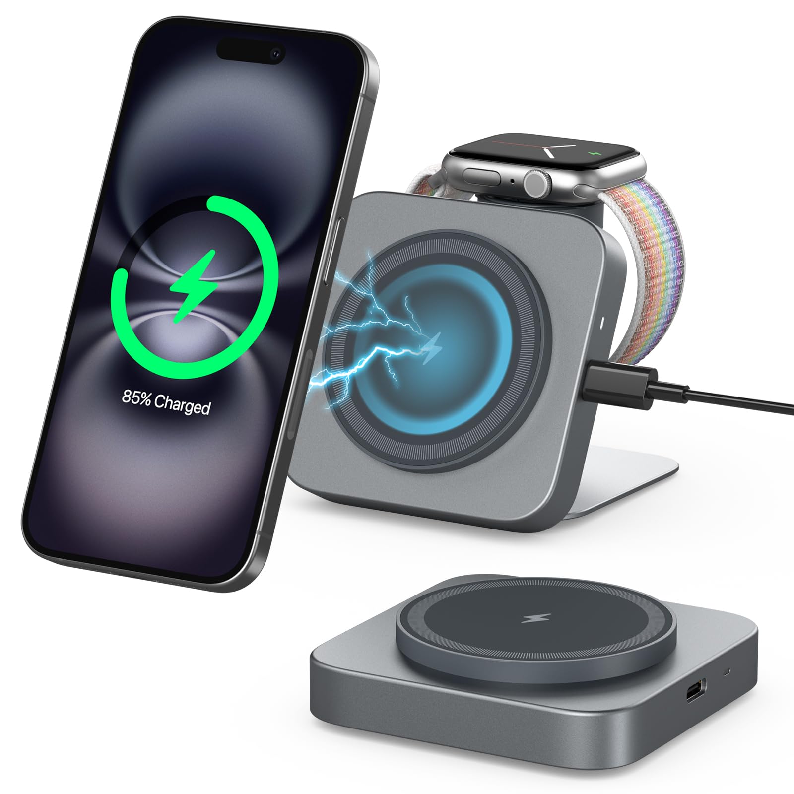 Mag-Safe Ladestation 2 IN 1,Tragbare Ladestation für Apple Watch und iPhone, Kabelloses Ladegerät für iPhone 16 15 14 13 12 Serie, Wireless Charger NUR für iWatch Serie Airpods