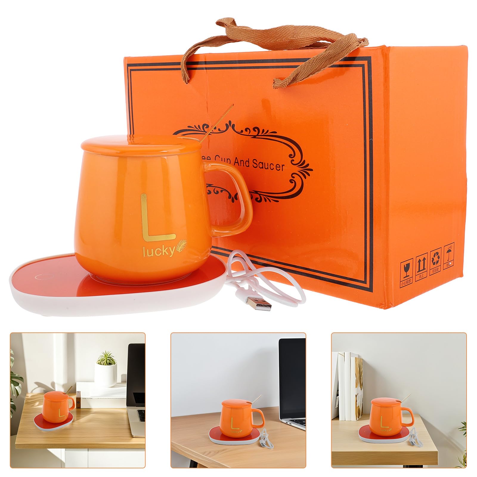 Calentador Eléctrico de Tazas de Cerámica Naranja con Apagado Automático Taza de Viaje Termo USB 5v Mantiene Bebidas Calientes para Café Té y Chocolate Adecuado Obsequio para