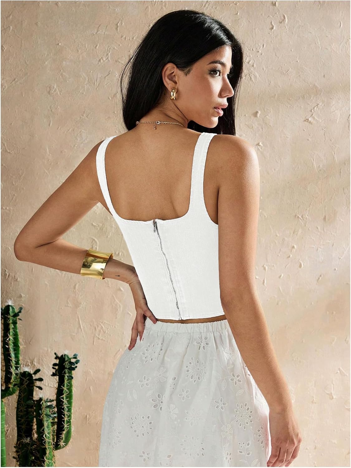 SHENHE Women's Denim Tank Top Sleeveless Square Neck Backless Slim Fit Y2k Crop Top