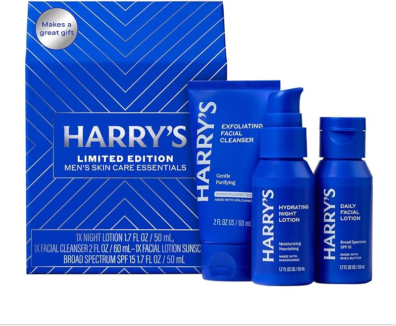 Harry's Limited Edition Holiday Gift Set for Men | Men's Skincare Essentials - 2 oz Exfoliating Face Wash, Daily Face Lotion with SPF 15, Hydrating Night Lotion