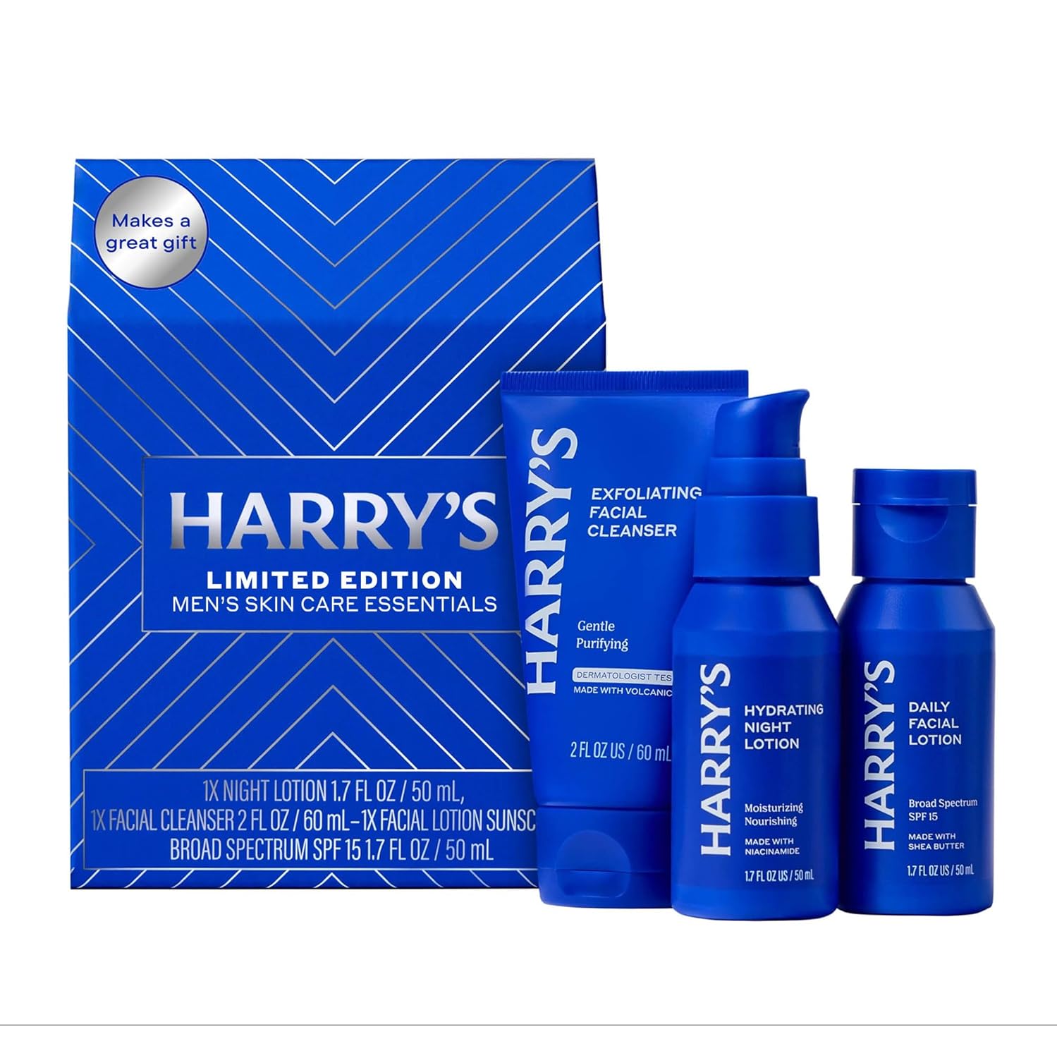 Harry's Limited Edition Holiday Gift Set for Men, Men's Skincare Essentials (2 oz Exfoliating Face Wash, Daily Face Lotion with SPF 15, Hydrating Night Lotion)