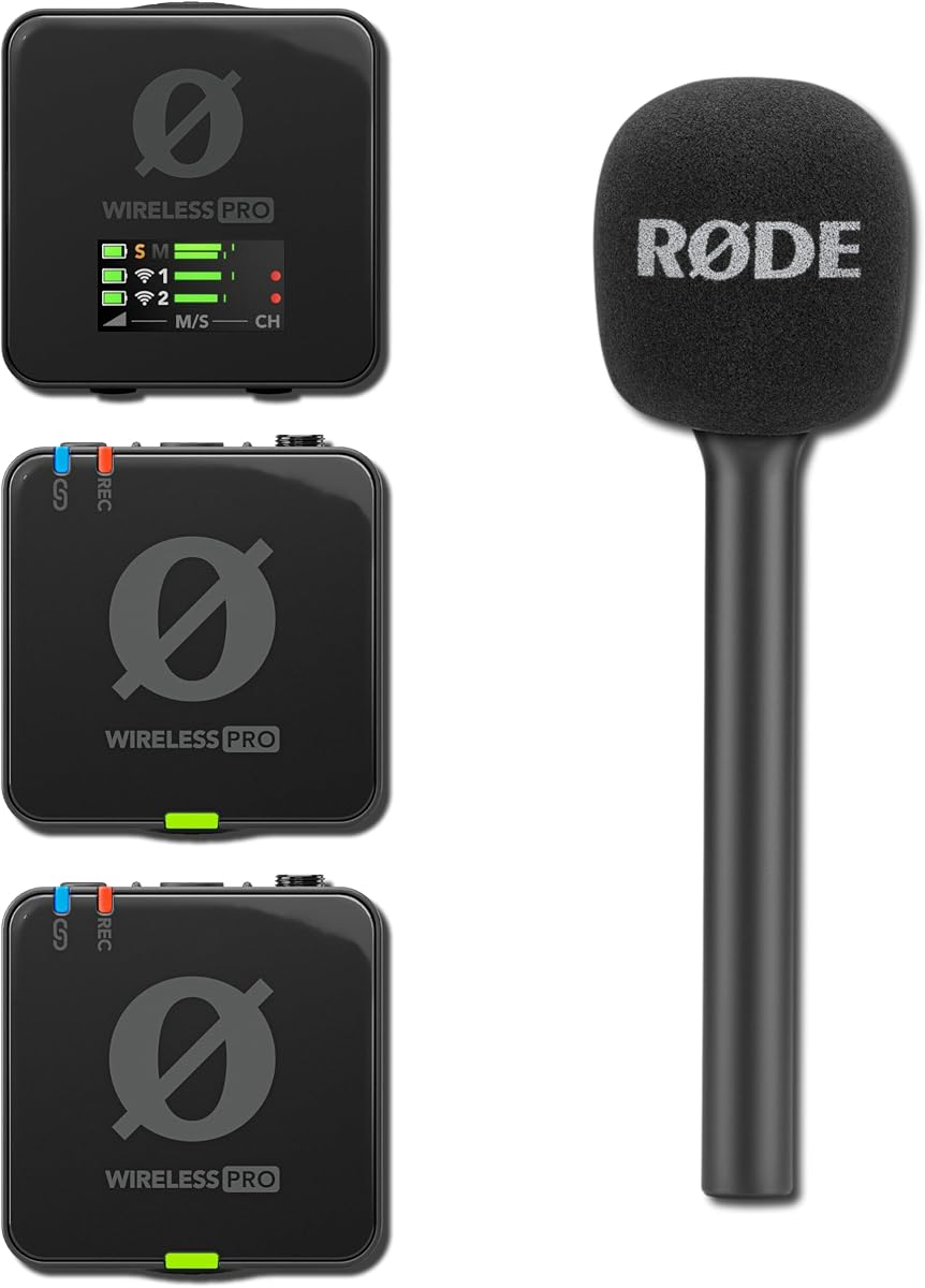 Rode Wireless Pro Wireless Microphone System Bundle with Interview GO Black Handheld Adaptor — 32-bit Float Timecode Wireless Mic Kit for Mobile Journalism, Reporting, Solo Interviews, Newsgathering