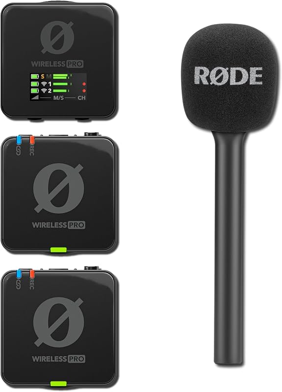 Rode Wireless Pro Wireless Microphone System Bundle with Interview GO Black Handheld Adaptor — 32-bit Float Timecode Wireless Mic Kit for Mobile Journalism, Reporting, Solo Interviews, Newsgathering