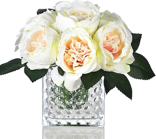 Centros de mesa artificiales de seda de peonía artificial en jarrón de vidrio para decoración de mesa de boda del hogar (champán)