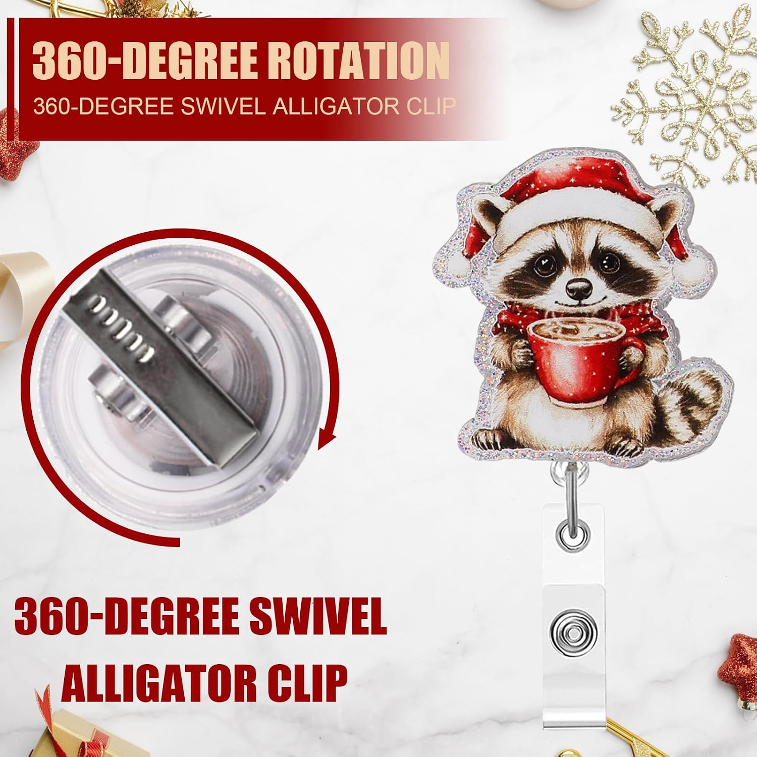 Christmas Raccoon Retractable Badge Reel, Funny Acrylic ID Badge Holder with Alligator Clip for Nurses, Medical Staff, Office Professiona image 4