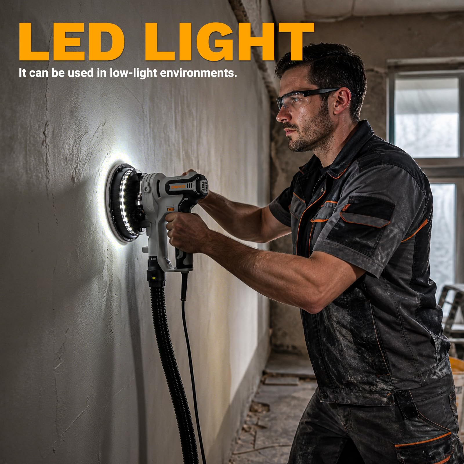 DEKO Levigatrice Muro 710W 6 Velocità, con Aspiratore LED, per Cartongesso | 1000-2100 Giri/min, Ø 180mm, Tubo Flessibile e 12 Dischi di Levigatura, Levigatrice Manuale per Pareti Intonaco e Soffitti