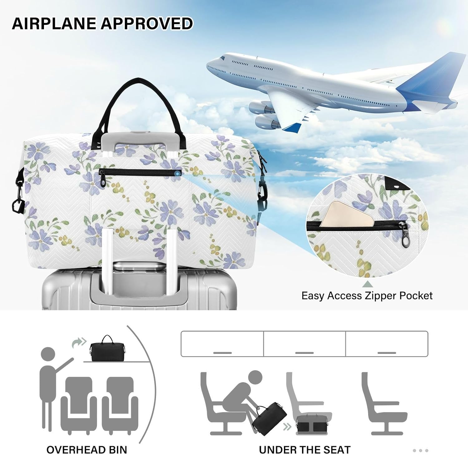 White Fresh Cute Little Flower Duffel Bag Large Carry On Bag Sports Gym Bag with Toiletry Bag for Airplane Traveling Large Capacity