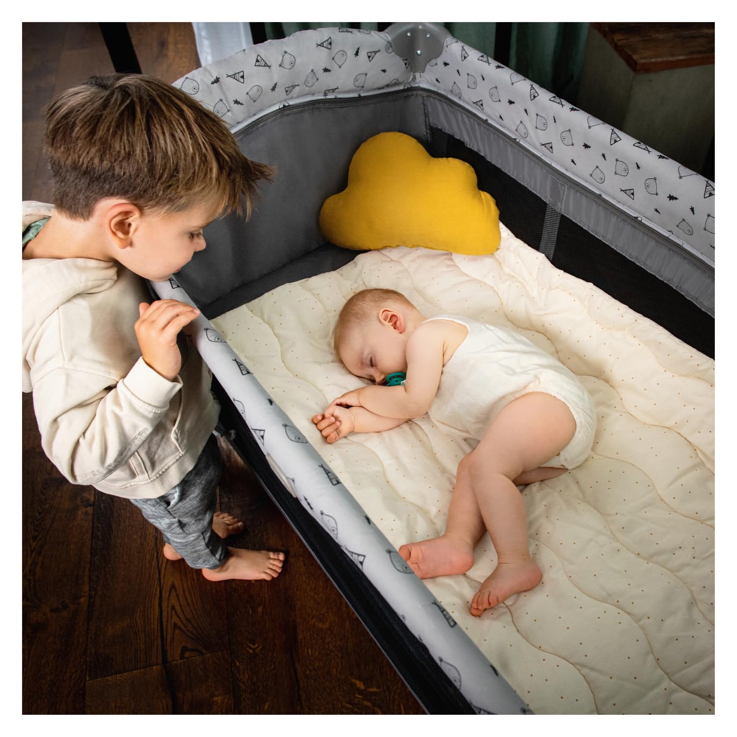 hauck Sleep N Play Center Cuna de Viaje Dos Alturas con Cambiador, Parque Infantil Bebe 120x60 cm, Parque Cuna Bebe, Cuna Viaje con Ruedas - Teddy Gris