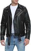 Fahsyee Men's Faux Leather Bomber Jacket Slim Fit Motorcycle Biker Coat Asymmetric Zip Lapel Belt