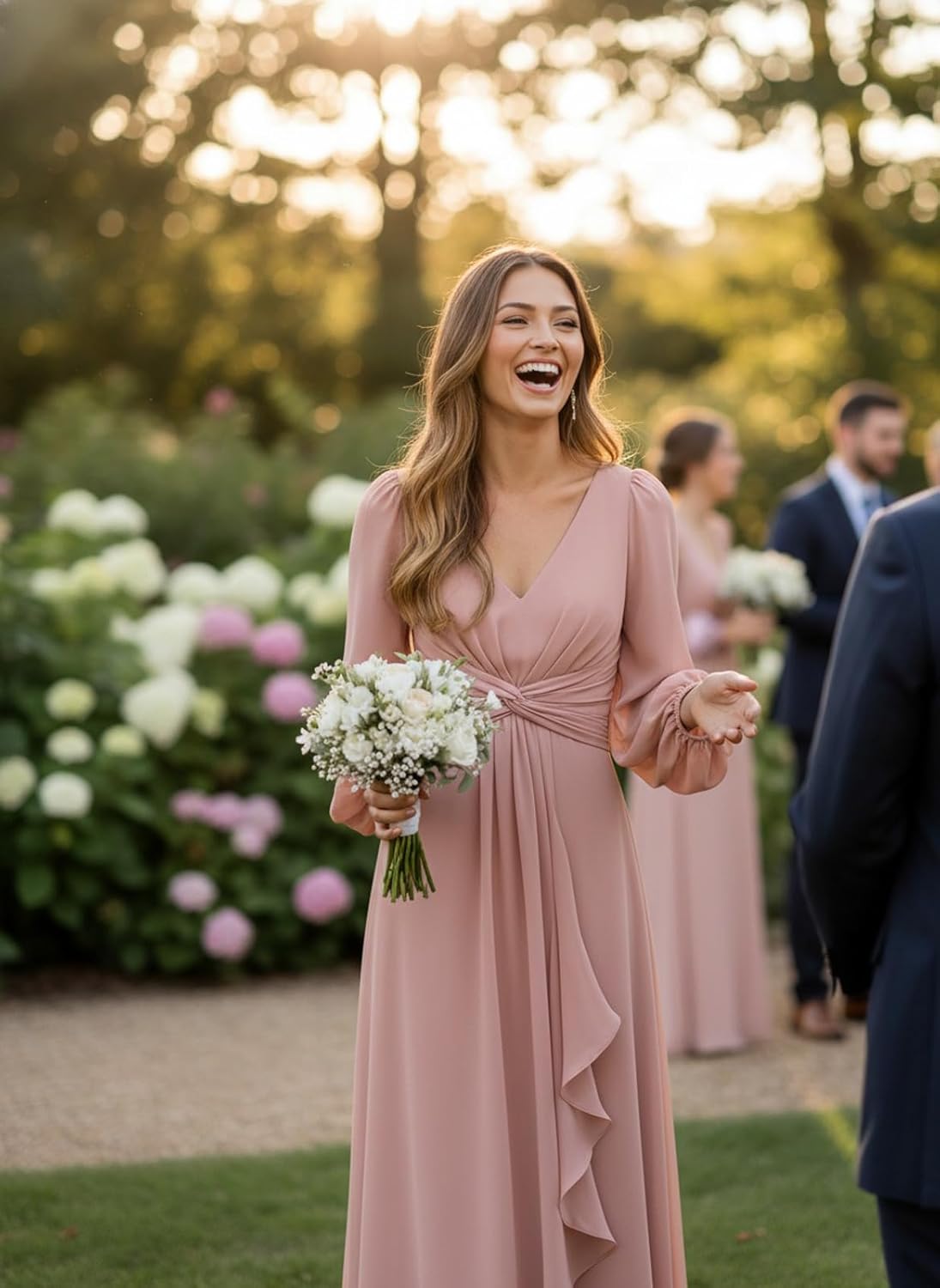 SNOWROSE Long Sleeve Bridesmaid Dresses for Women V Neck Pleated A Line Chiffon Ruffle Formal Wedding Guest Dress - Image 5