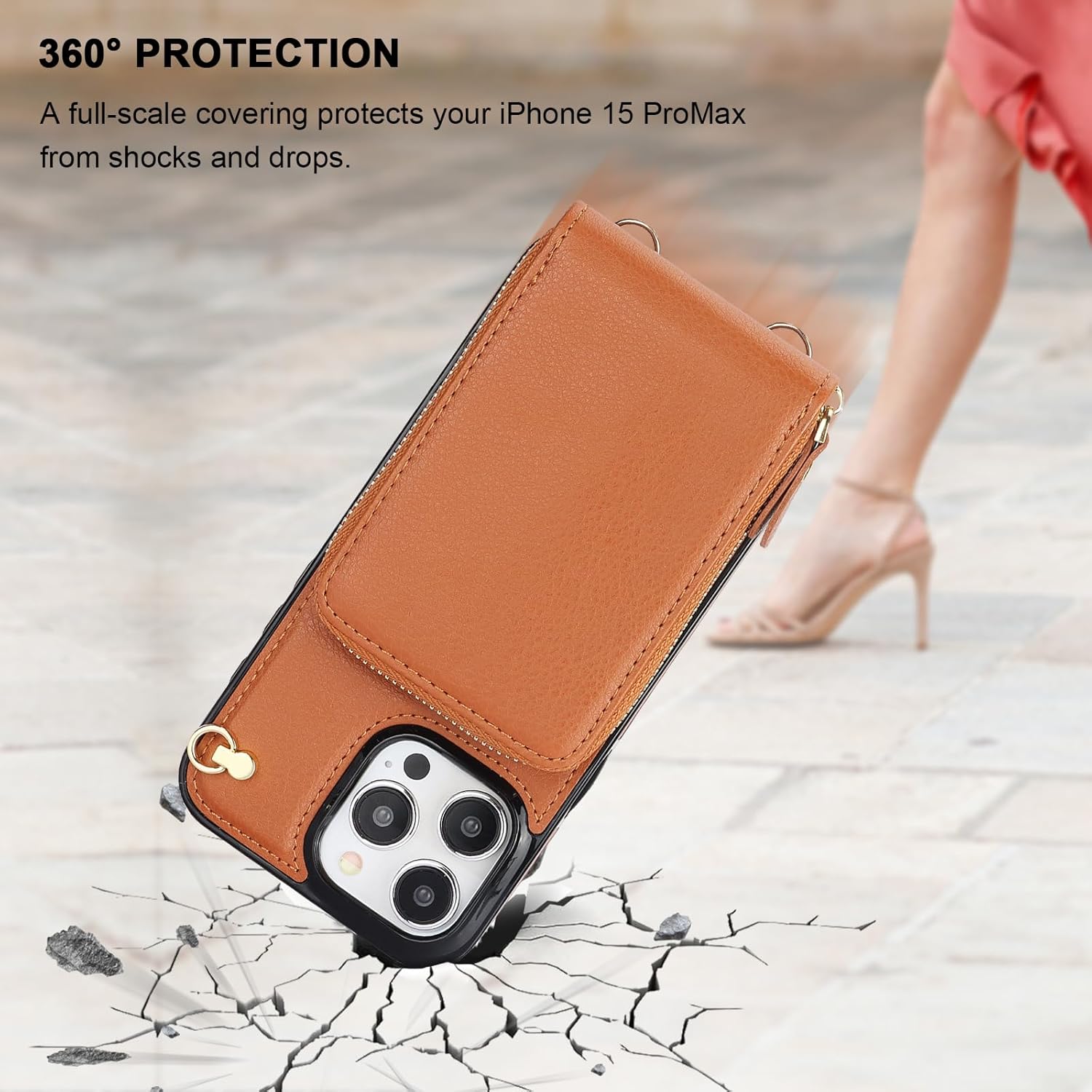 KIHUWEY Crossbody Wallet Case for iPhone 15 Pro Max, Zipper Pocket Case with Card Holder, PU Leather RFID Blocking Protective Cover with Kickstand and Detachable Wrist Strap Lanyard, 6.7" (Brown)