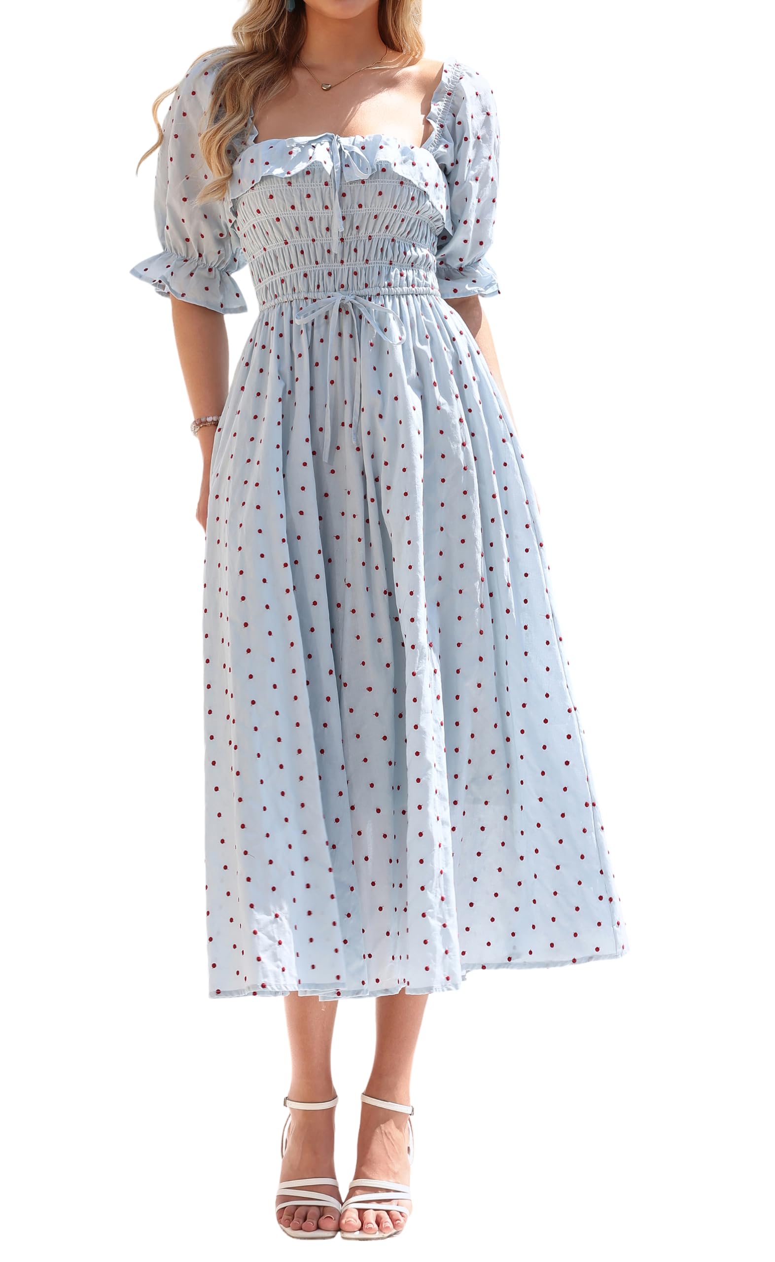 R.Vivimos Women Summer Cotton A Line Flowy Long Dresses | Half Sleeve, Ruffled, Vintage Elegant, Smocked Backless Dress, Maternity Shoot, Baby Shower, Casual Vacation Outfits