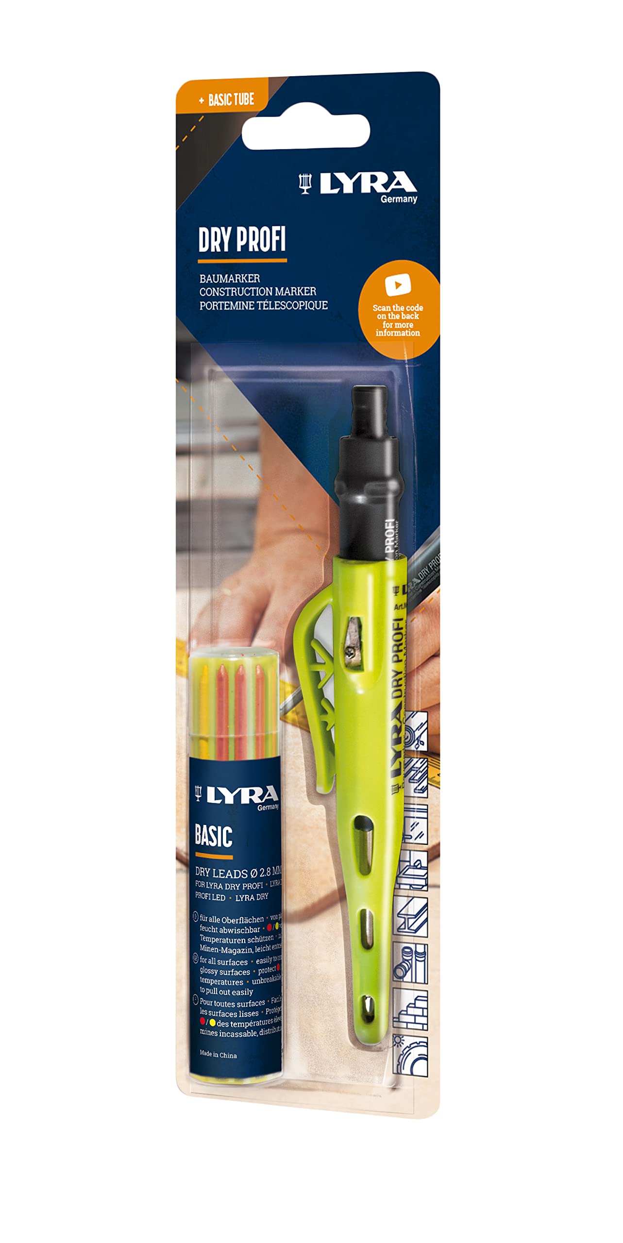 LYRA Dry Professional Construction Marker + 12 Basic Leads for All Surfaces in Blister Pack