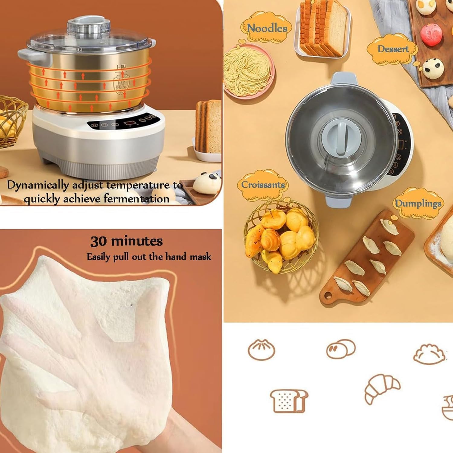 Machine à pâte avec fonction de fermentation,mélangeur de farine de pâte en acier inoxydable antiadhésif 5L/7L avec tasses et cuillères à mesurer,machine à pétrir la pâte, minuterie et panneau tactile