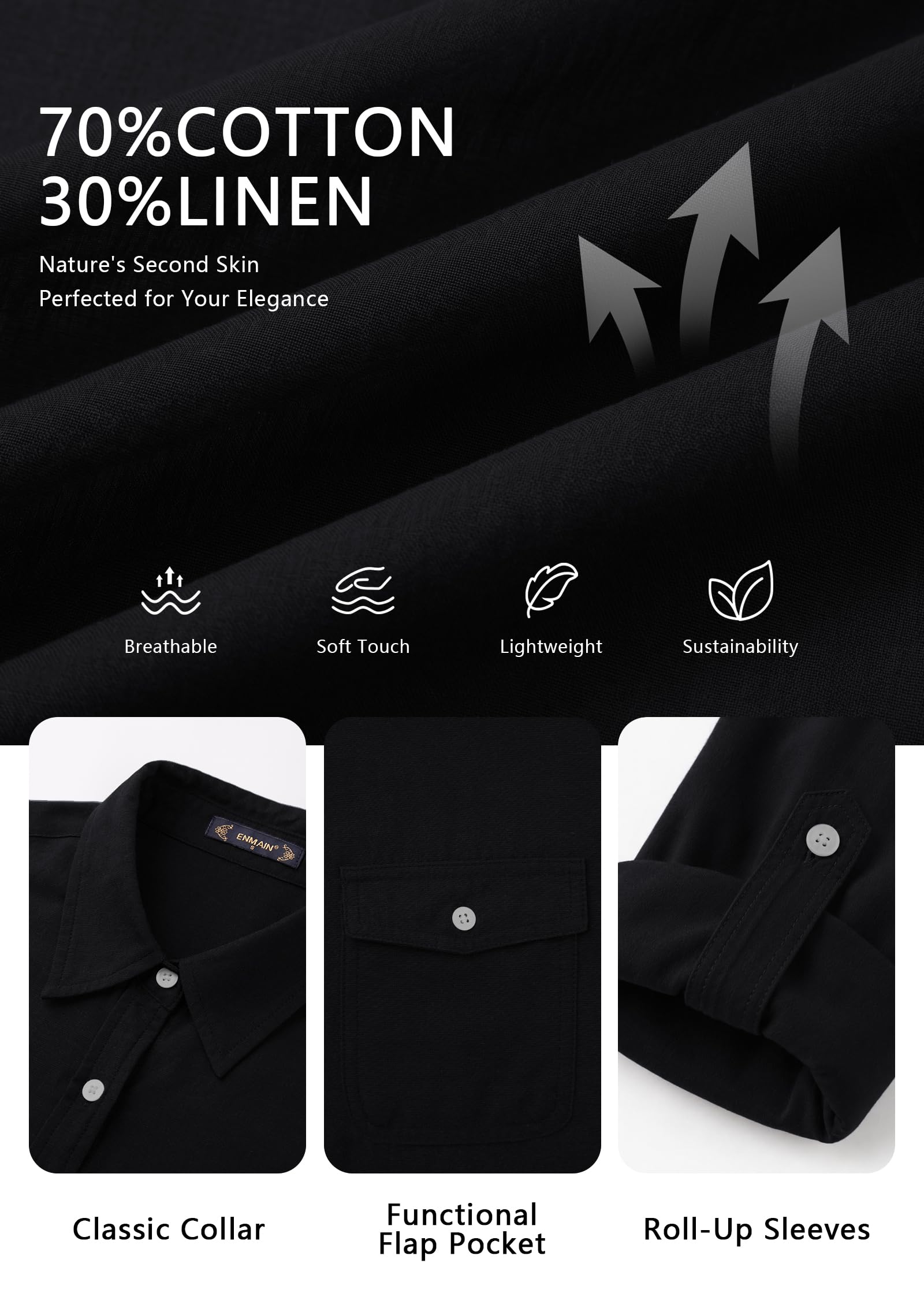 Enmain Chemise Lin Femme à Manches Longues Boutonnée Chemisiers Décontracté avec Manches Retroussables et Deux Poches pour l'Été et la Plage S-3XL