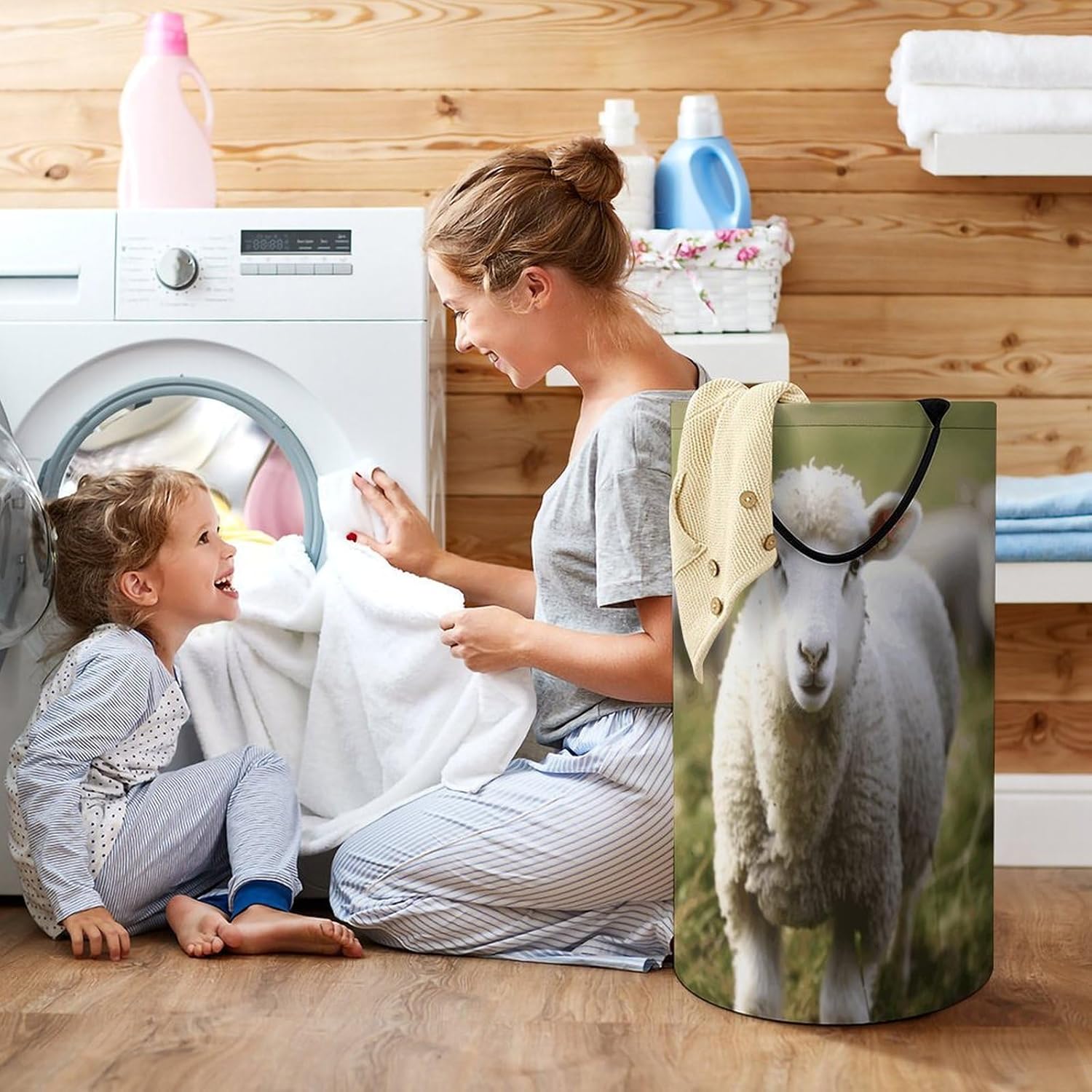 Cute Sheep Lamb Laundry Hamper with Handles Waterproof Collapsible Laundry Basket Large Lightweight Round Dirty Clothes Hamper for Home Dorm Bathroom Decor