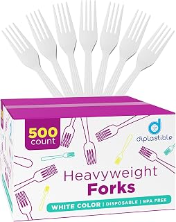 Diplastible 500 Count Heavy Duty White Plastic Forks - Disposable Bulk Pack for Parties, Events, BBQs & Everyday Use