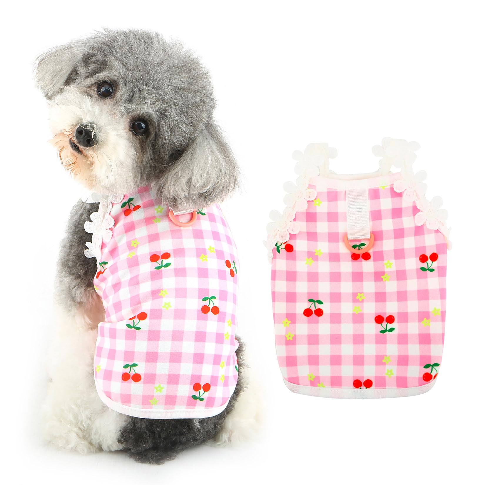 Ranphy Dog T-Shirt with Cherry pattern Pet Plaid Tee Dog Clothes for Small Dog Girl Boy Puppy Spring Summer Outfits with D-ring Chihuahua Yorkie Cats Apparel,Pink,XL