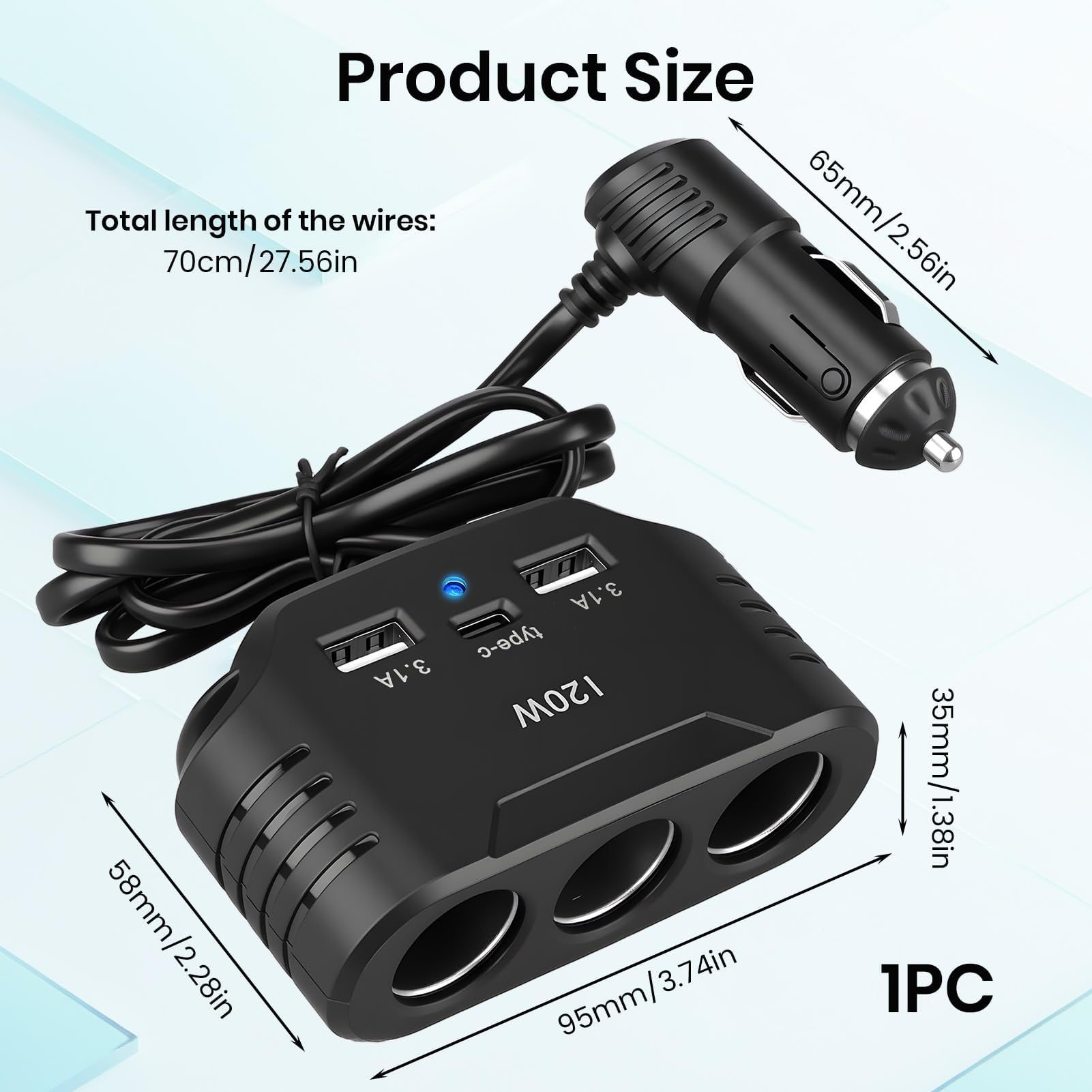 120W Prise Allume Cigare 12V 24V, Adaptateur avec 3 Prises Allume-Cigare 2 USB-A Port 1 Type C 5V 3.1A, Multi Chargeur Splitter avec LED pour Tablette GPS Phone Dash Cam Caméra Voiture