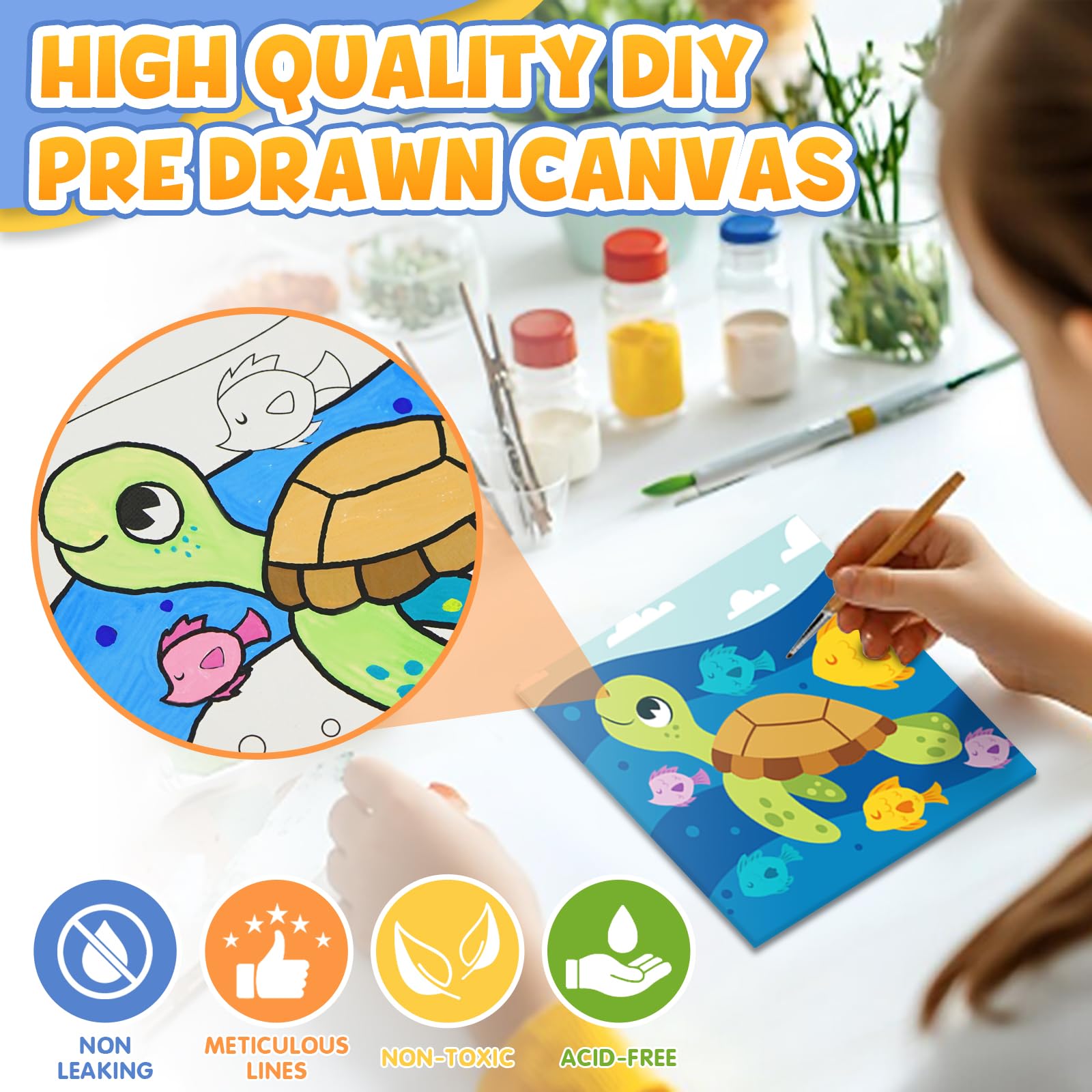 CONDA 12 Pcs Pre Drawn Canvas to Paint 6x6 Inch, Animal Pre Printed Canvas for Painting for Kids Beginners Students, DIY Paint Art Supplies, Painting Canvas Panels and Sip Kit