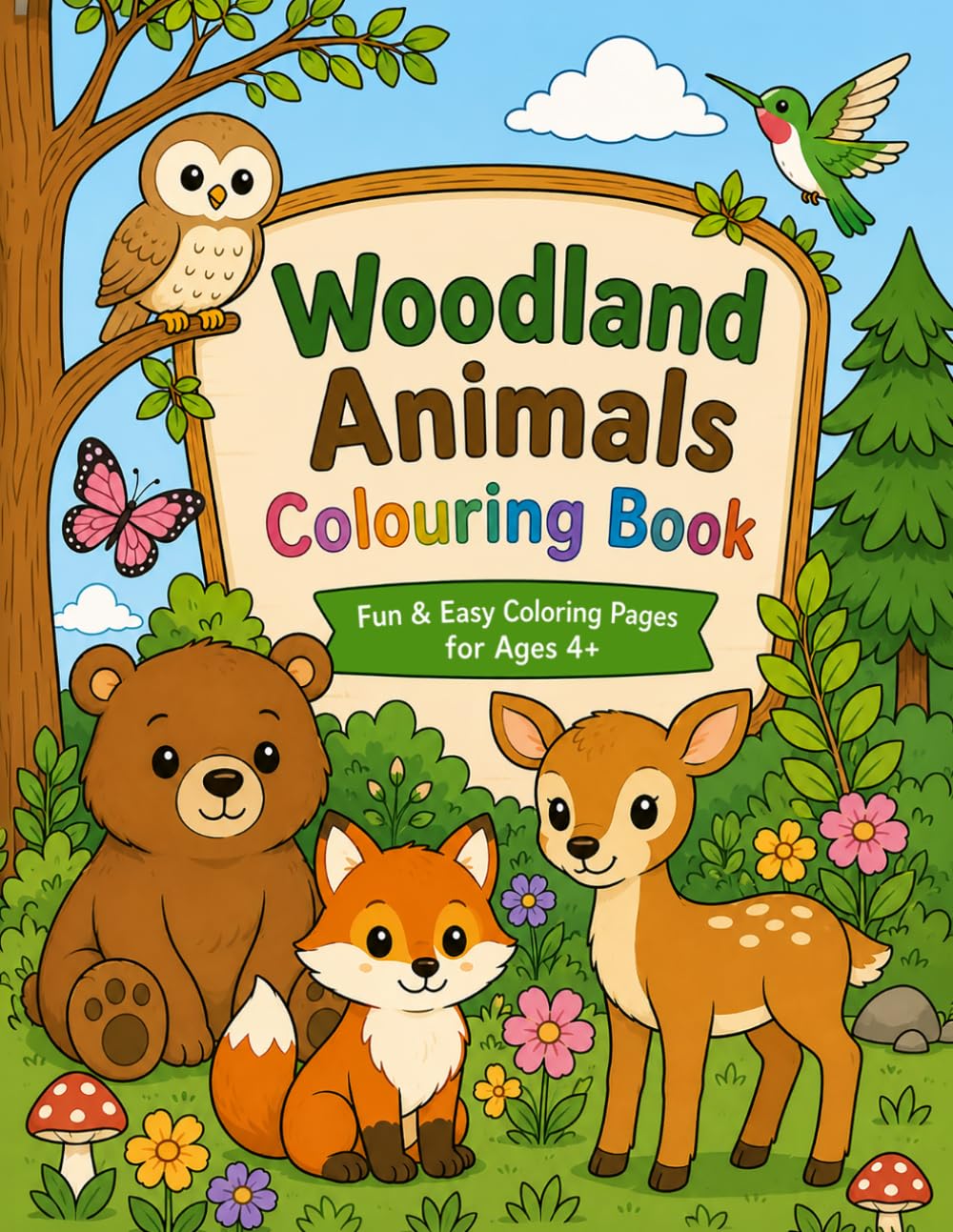 Woodland Animals Colouring Book: Fun & Easy Colouring Pages for Ages 4+