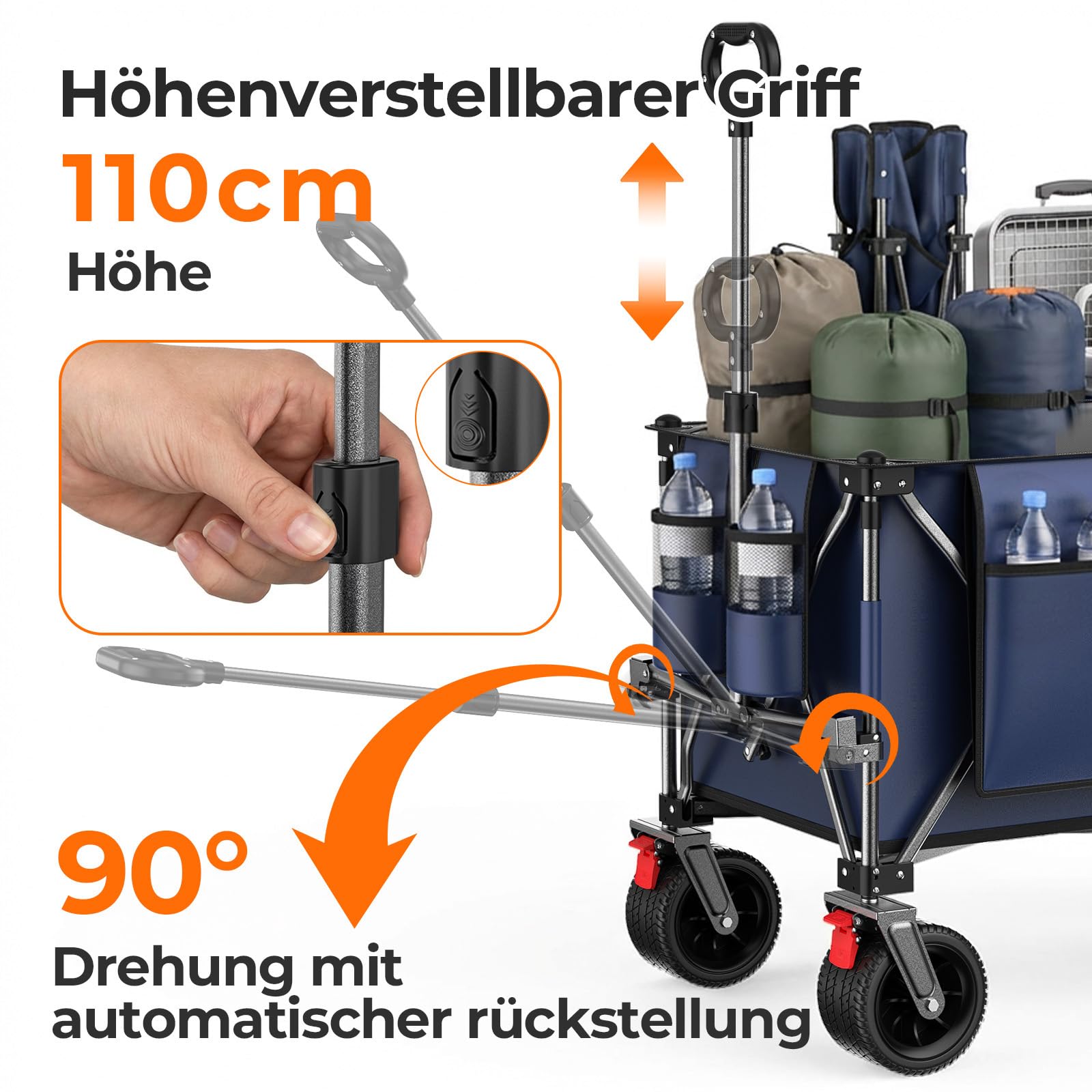 Chariot Pliable 300L (200+100L) avec Hayon Rabattable 140cm, Roues Tout-Terrain Extra Larges 17x10cm, Chariot de Plage Compact pour Camping Jardin Courses (Bleu Gris)