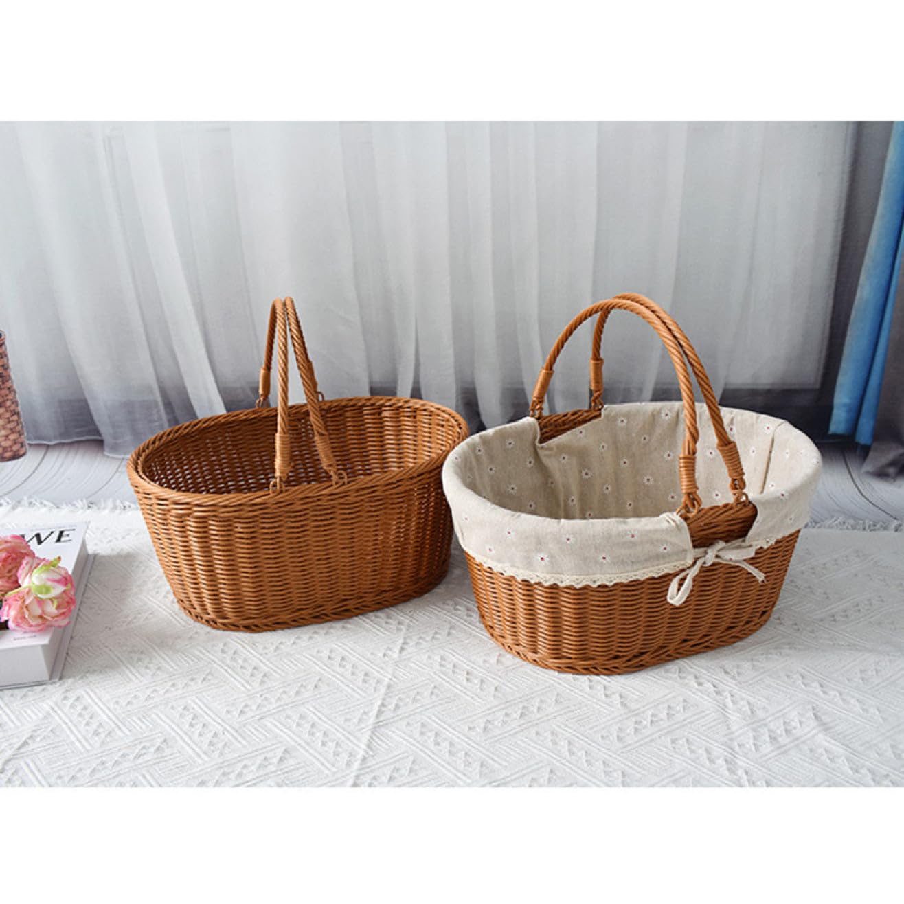 Amazon｜NJNEW ピクニックバスケット パンバスケット 籐かご 持ち手