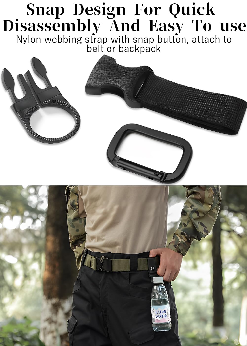 ZXZone 2PCS Bottle Buckle Clip Hanging Buckle Portable Water Bottle Ring Holder Keychain Mineral Water Bottle Clip for Backpack Belt Nylon Webbing Strap for Outdoor Tactical Camping Hiking(Black)