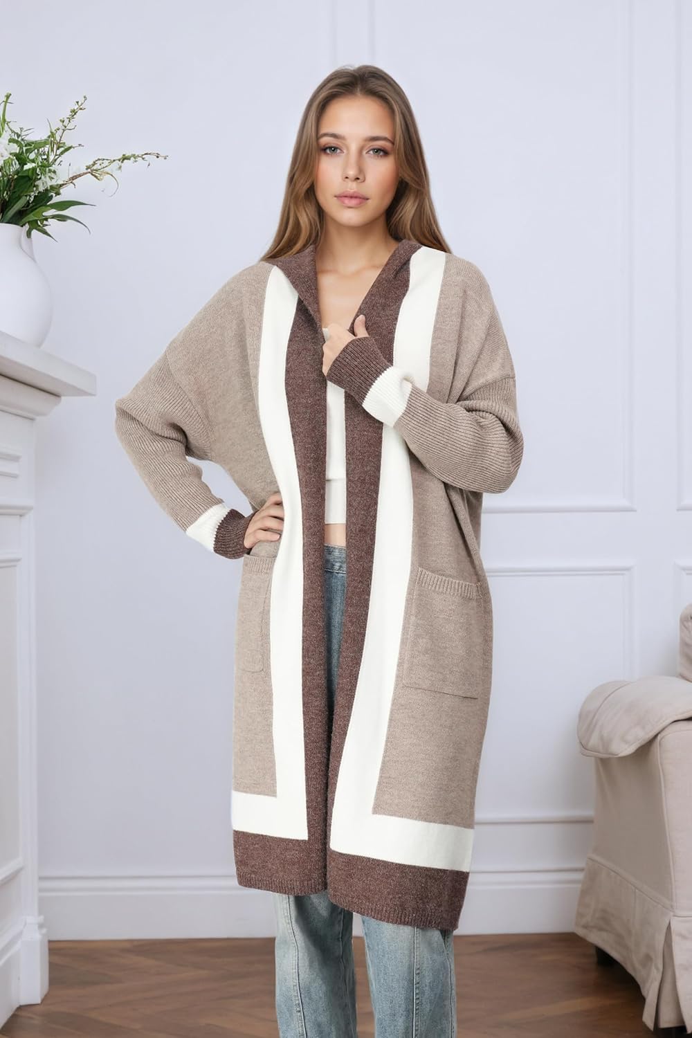 Long Sweaters for Women - Lightweight Hooded Cardigan with Batwing Sleeves, Oversized Knit Coatigan for Fall and Winter 2025 Khaki - Image 4